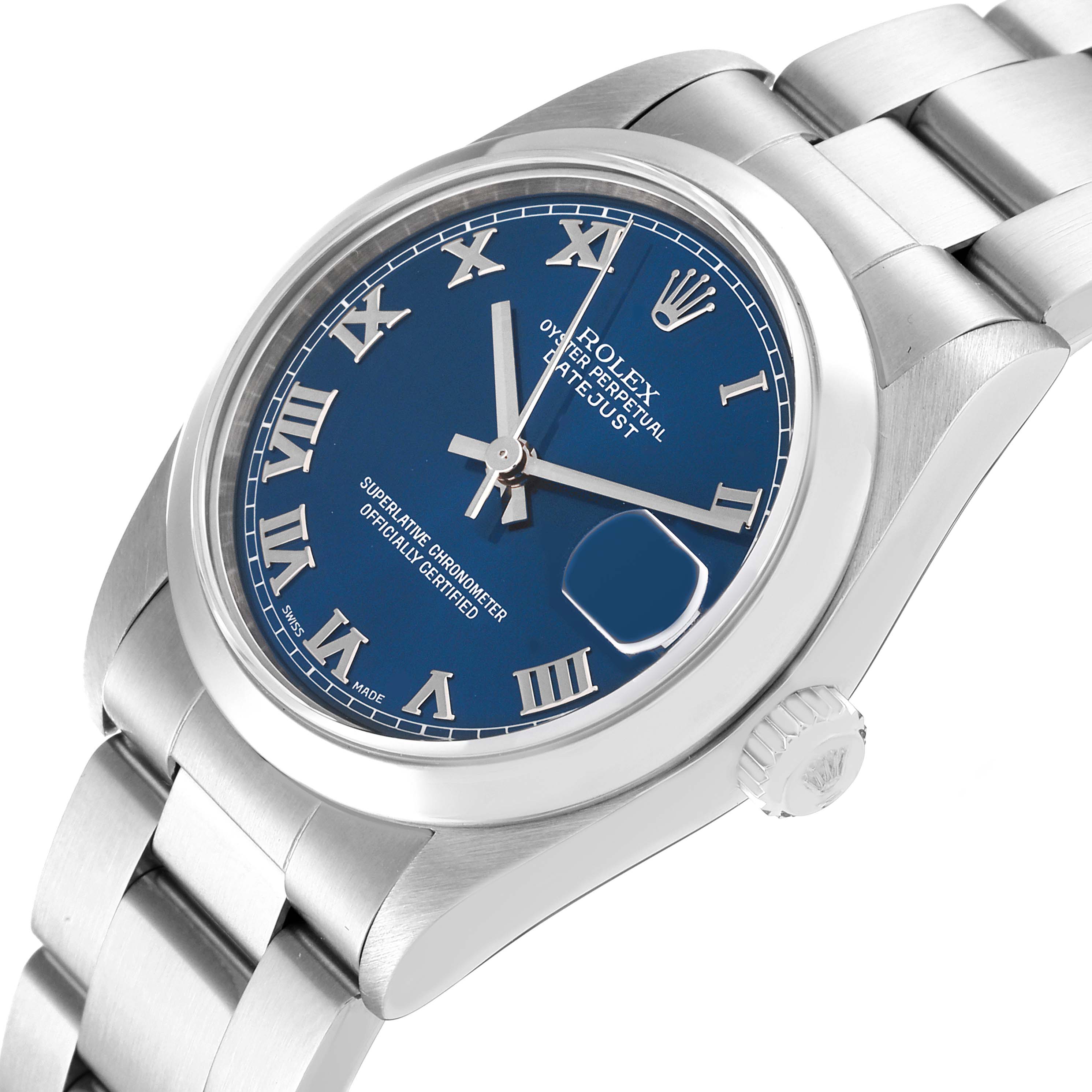 The Rolex Mid-Size 78240 Women
s Stainless Steel Blue Dial 78240 Women
s Stainless Steel Blue Dial watch is shown at a slight angle, displaying the dial, hour markers, crown, and bracelet.