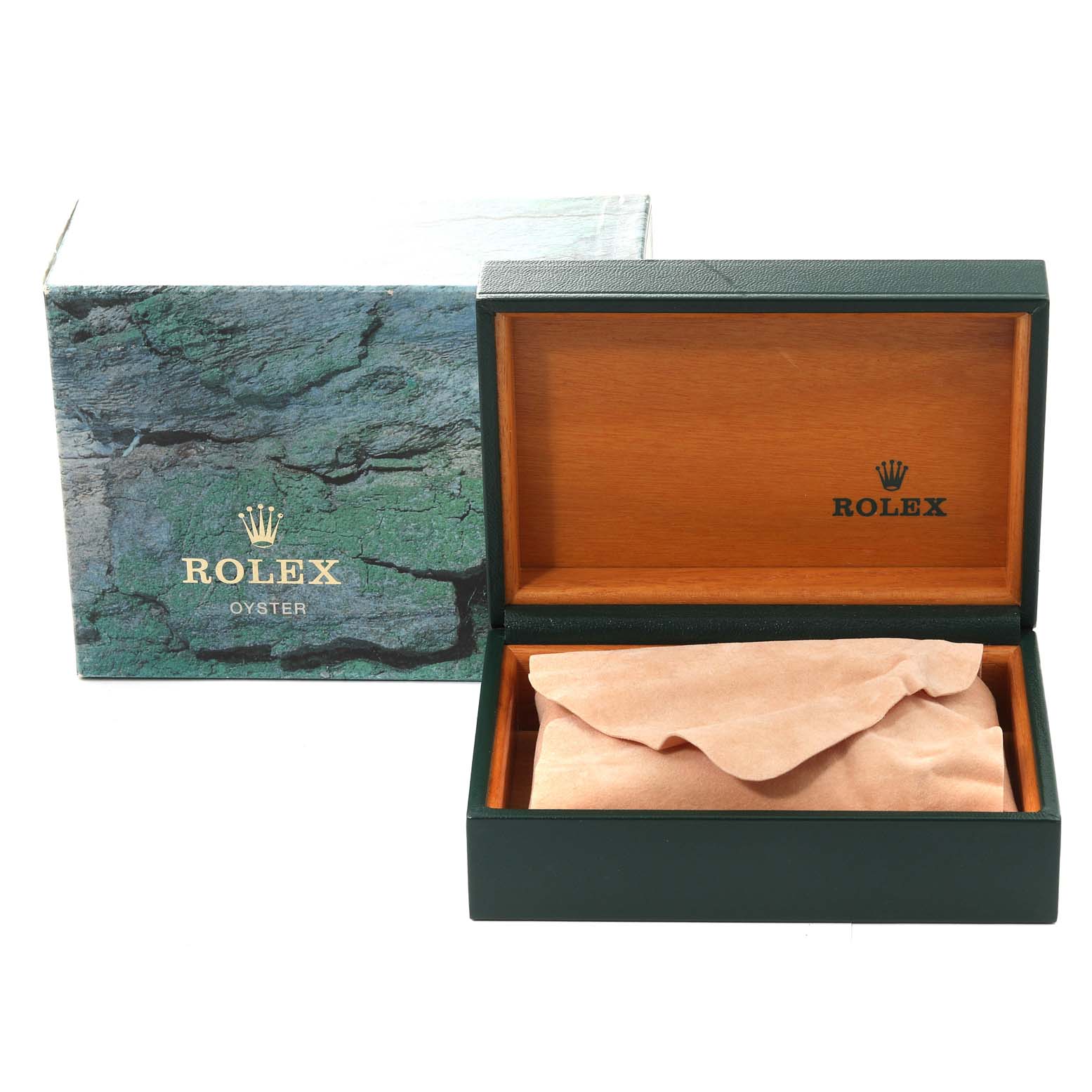 The image shows the open wooden box for a mid-size Rolex watch, with an outer green box beside it.
