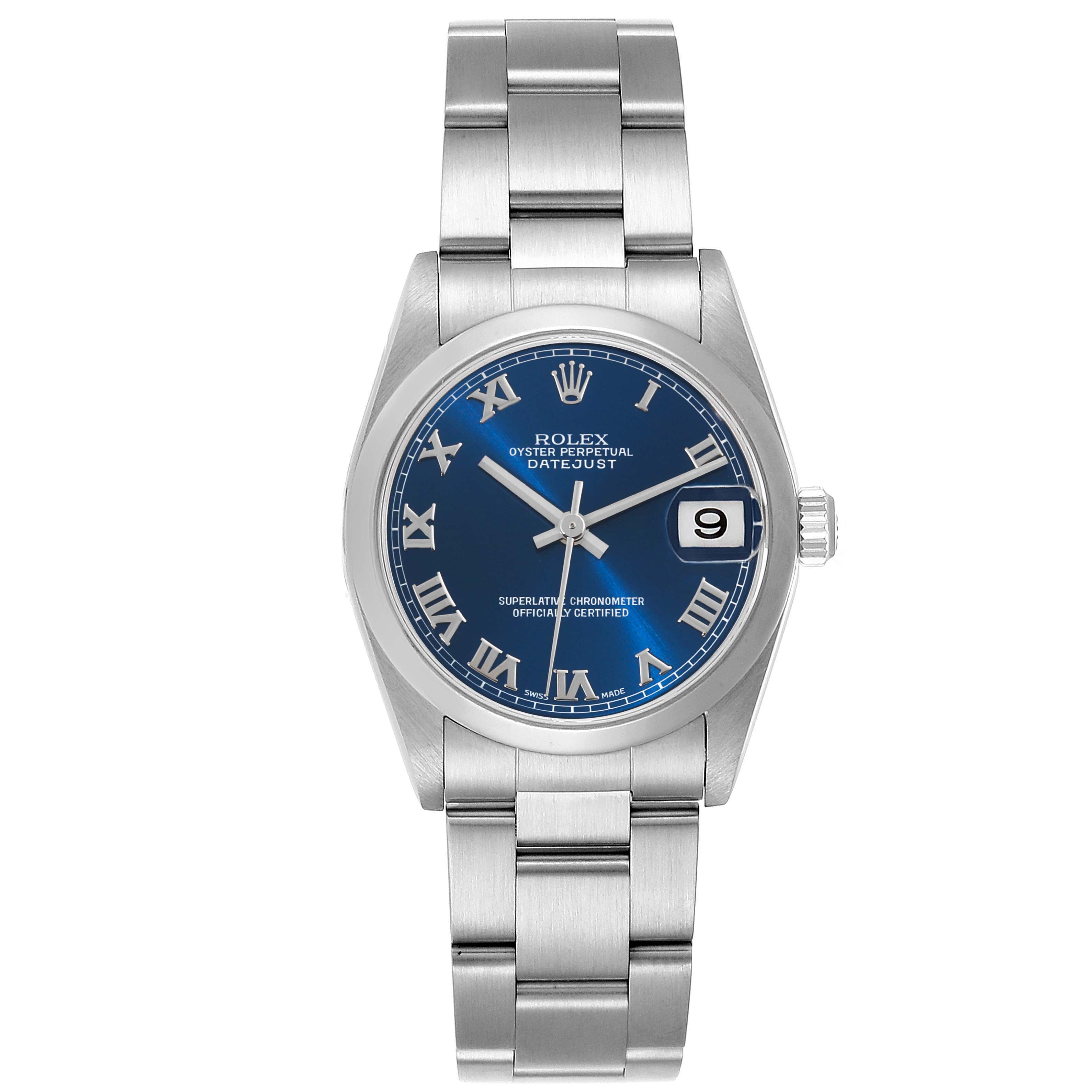 The Rolex Mid-Size 78240 Women
s Stainless Steel Blue Dial 78240 Women
s Stainless Steel Blue Dial Oyster Perpetual Datejust watch is shown from a top-down angle, highlighting its face, dial, and bracelet.