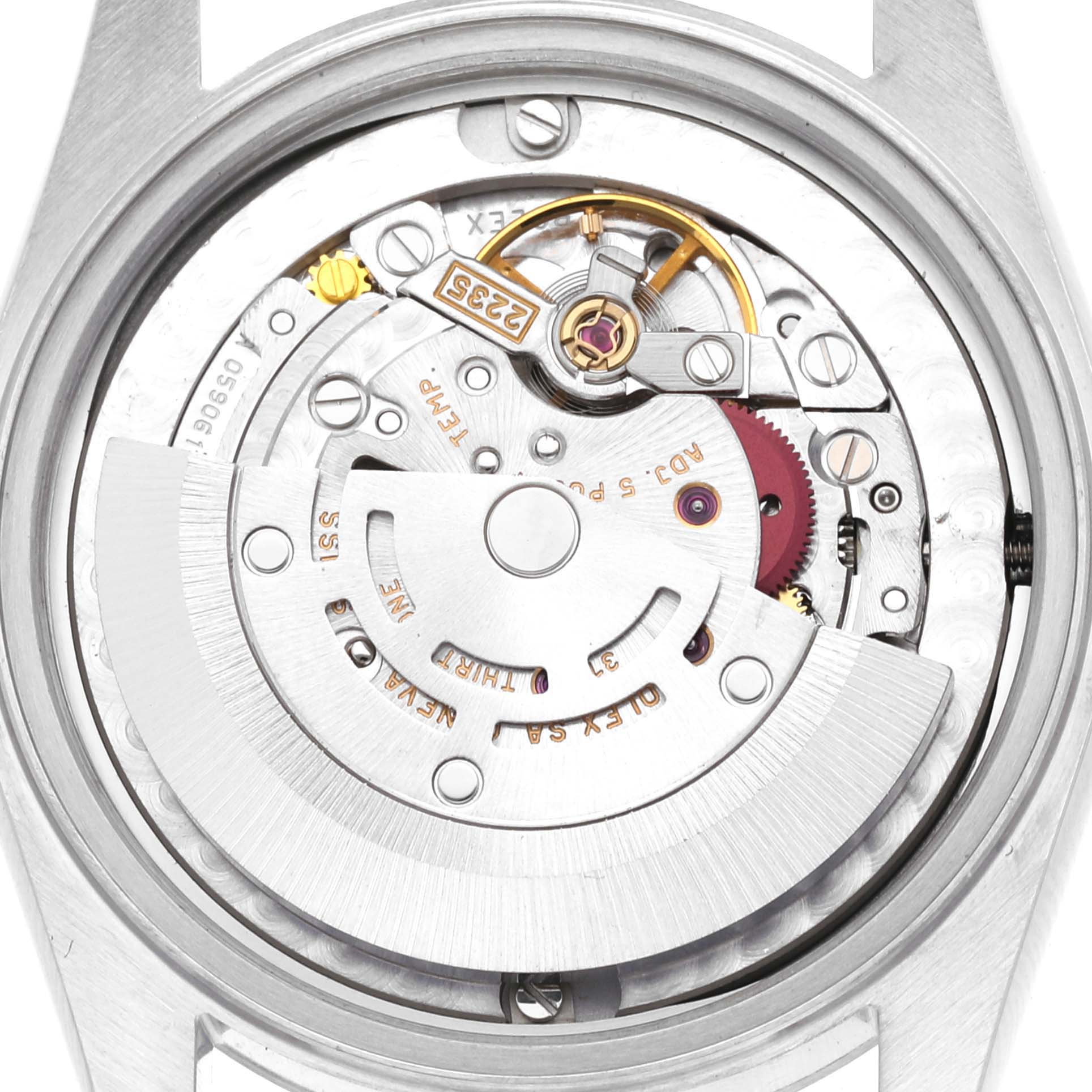The image shows the internal mechanism of a Mid-Size Rolex watch from a close-up, rear angle, highlighting its movement components.