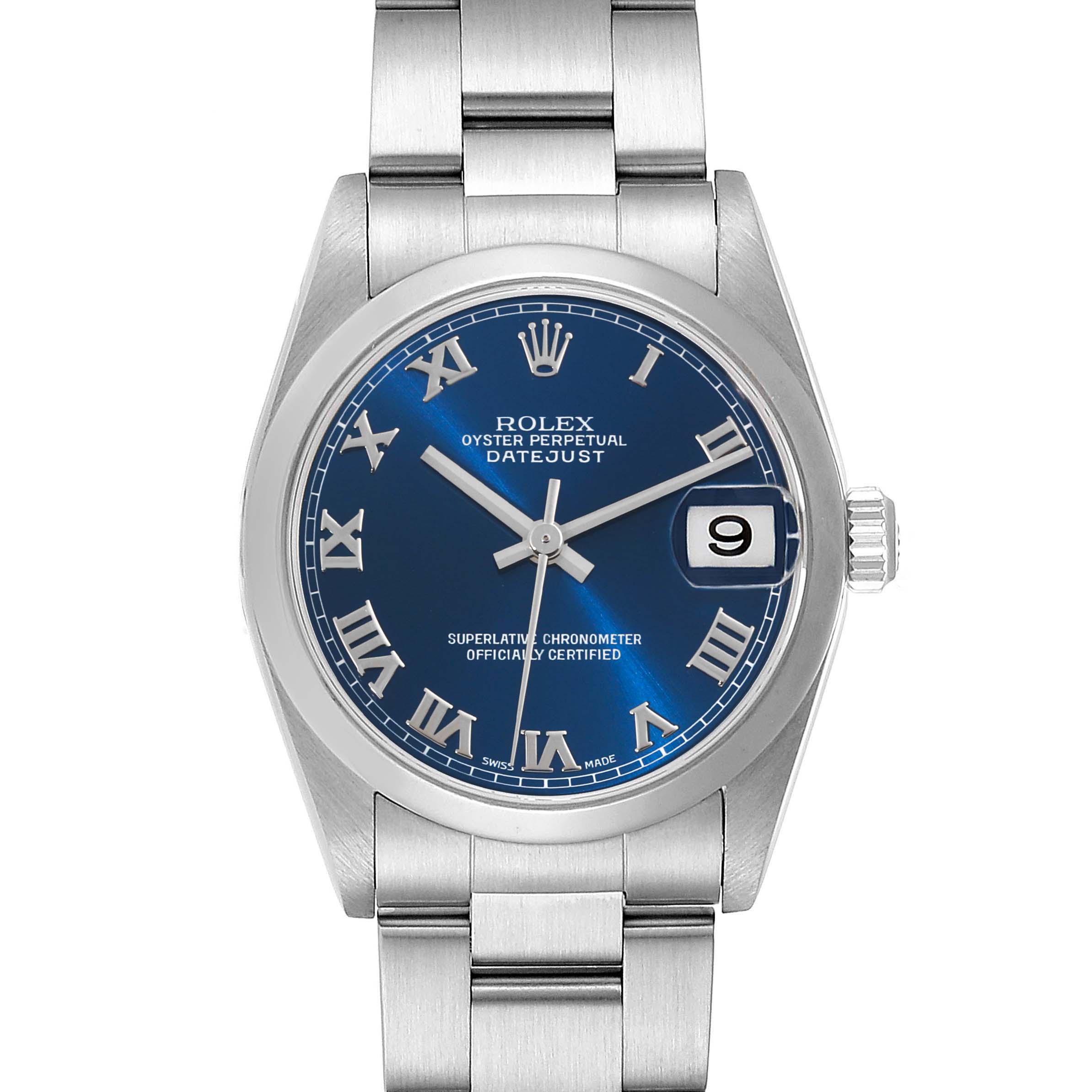 The image shows a front view of a Rolex Datejust Mid-Size watch, displaying the dial, hands, date window, and part of the bracelet.