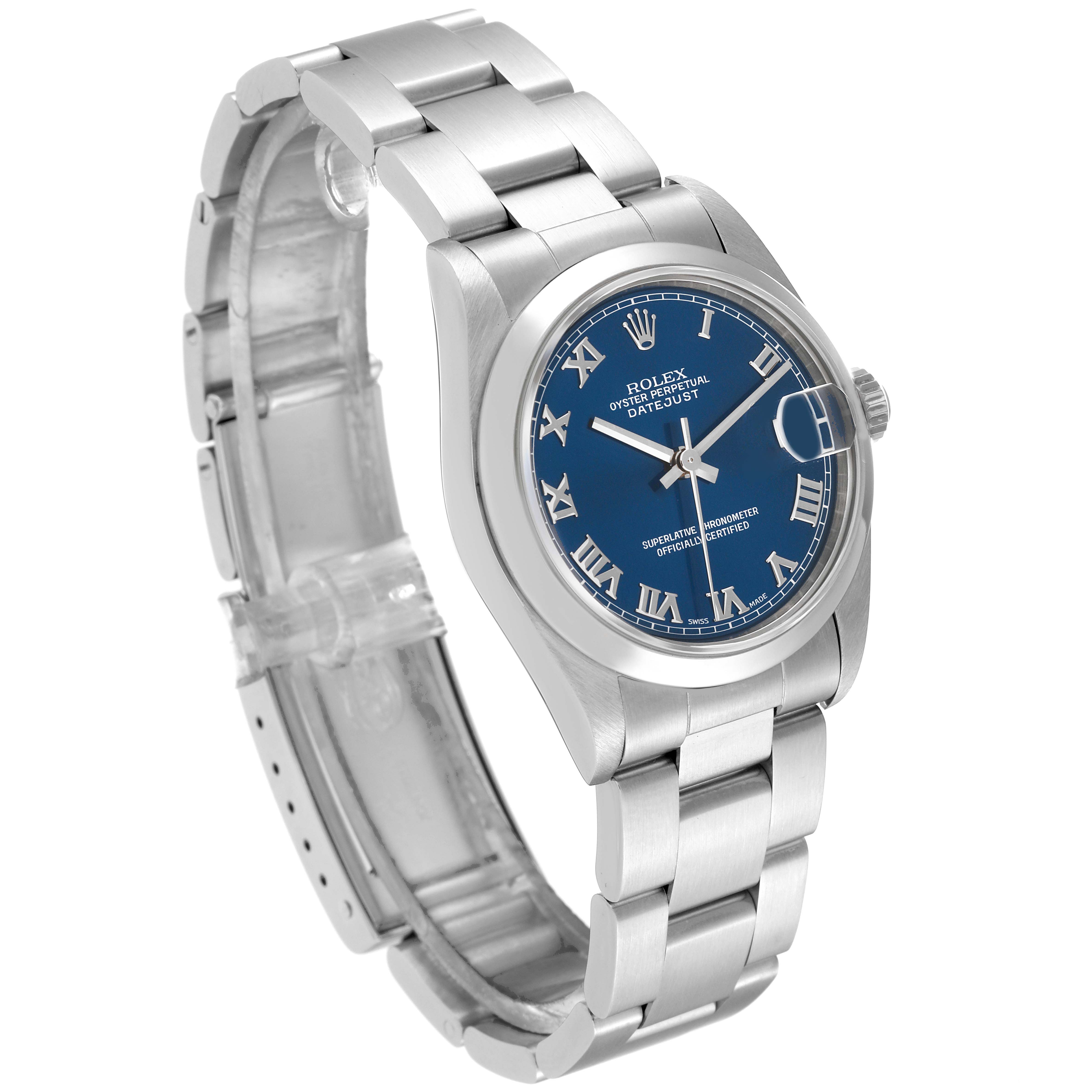 The image shows a Mid-Size Rolex Datejust watch from an angled side view, highlighting the blue dial, case, and bracelet.