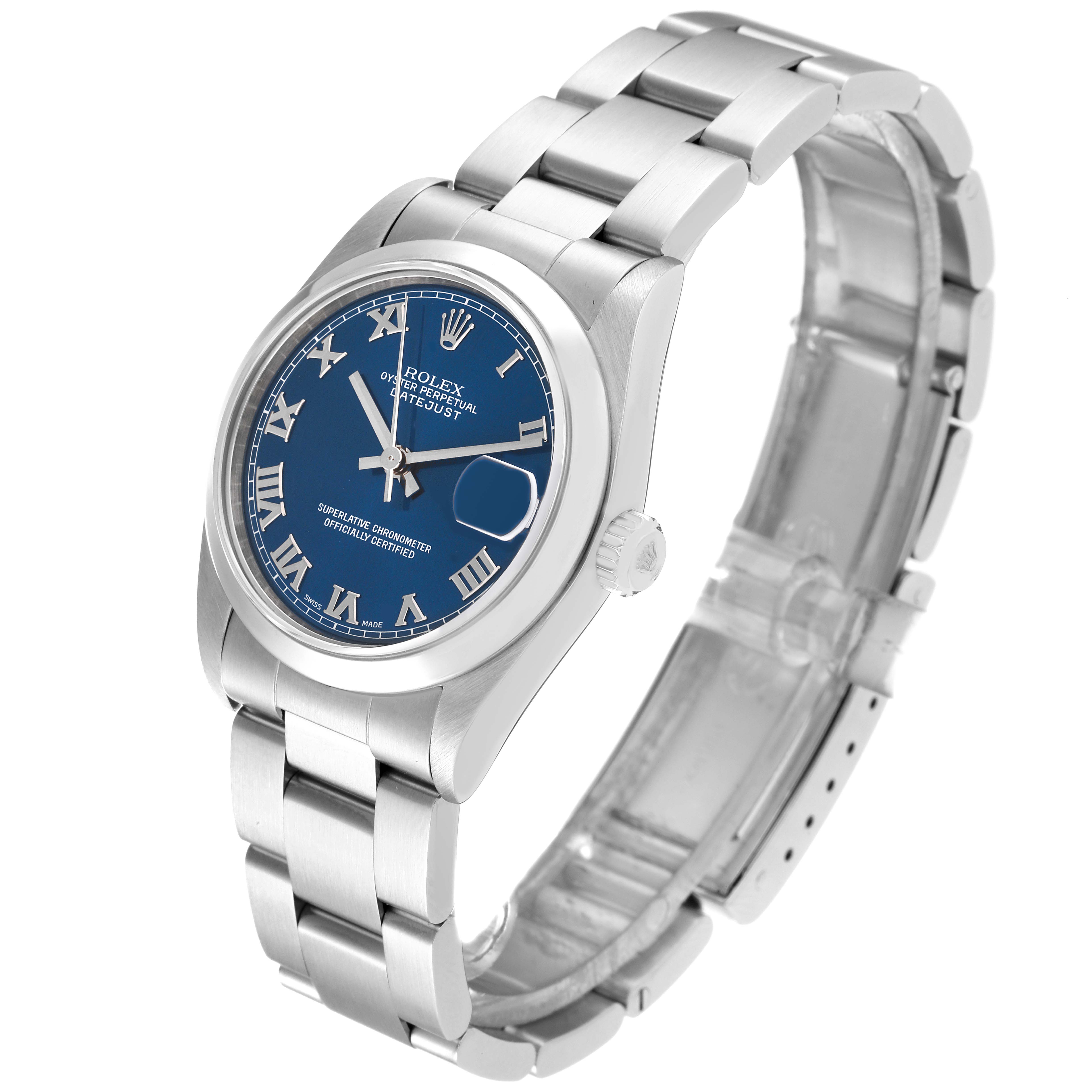 The image shows a Rolex Mid-Size 78240 Women
s Stainless Steel Blue Dial 78240 Women
s Stainless Steel Blue Dial Datejust watch at a three-quarter angle, displaying the bracelet, blue dial, and crown.