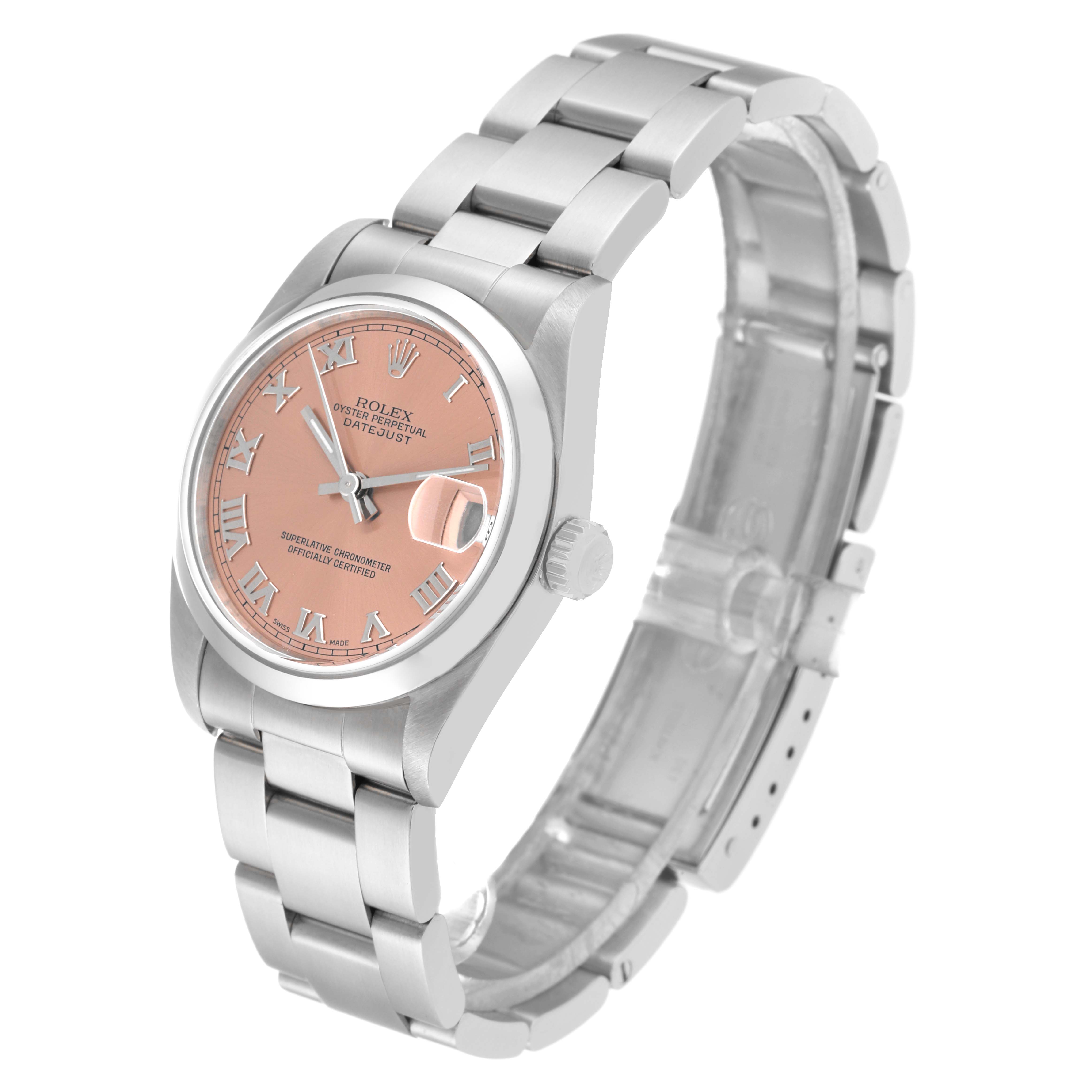 This image shows a side view of a Mid-Size Rolex Datejust watch, including the watch face, case, crown, and part of the bracelet.