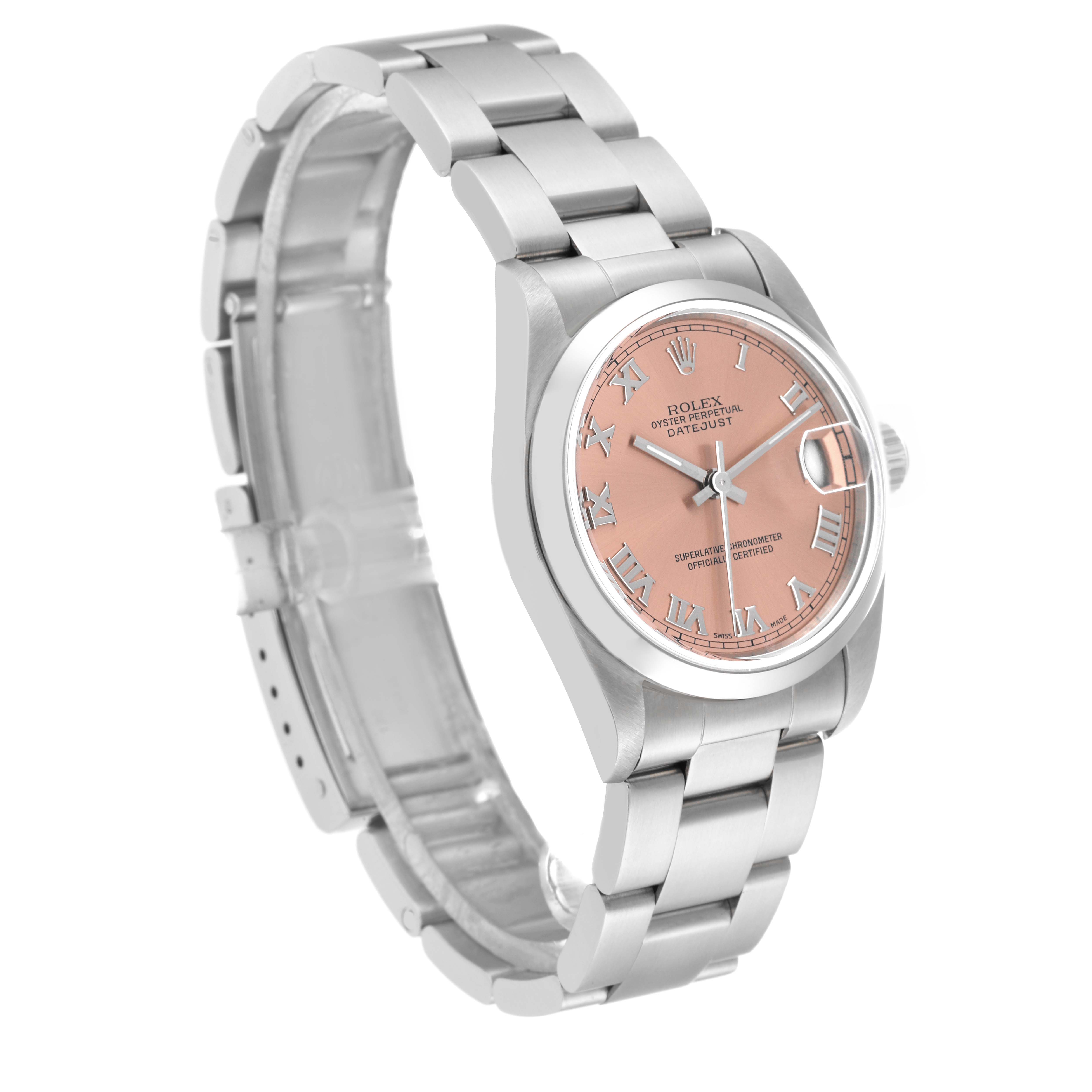 The Rolex Mid-Size 78240 Women's Stainless Steel Pink Dial 78240 Women's Stainless Steel Pink Dial watch is shown at a left-side angle, highlighting its pink dial, stainless steel case, and bracelet.