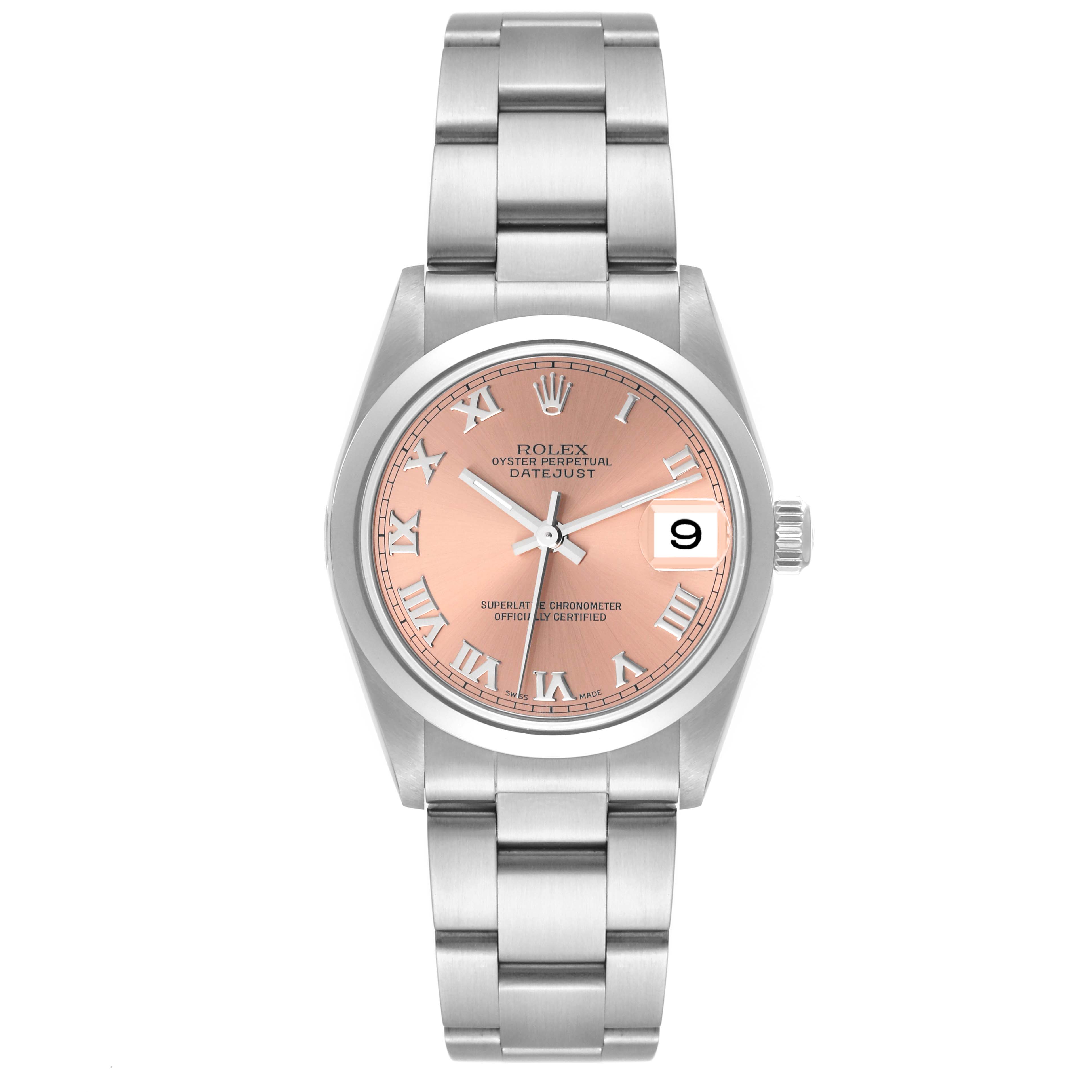 This image shows a front view of a Rolex Datejust Mid-Size watch with a pink dial and a stainless steel bracelet.