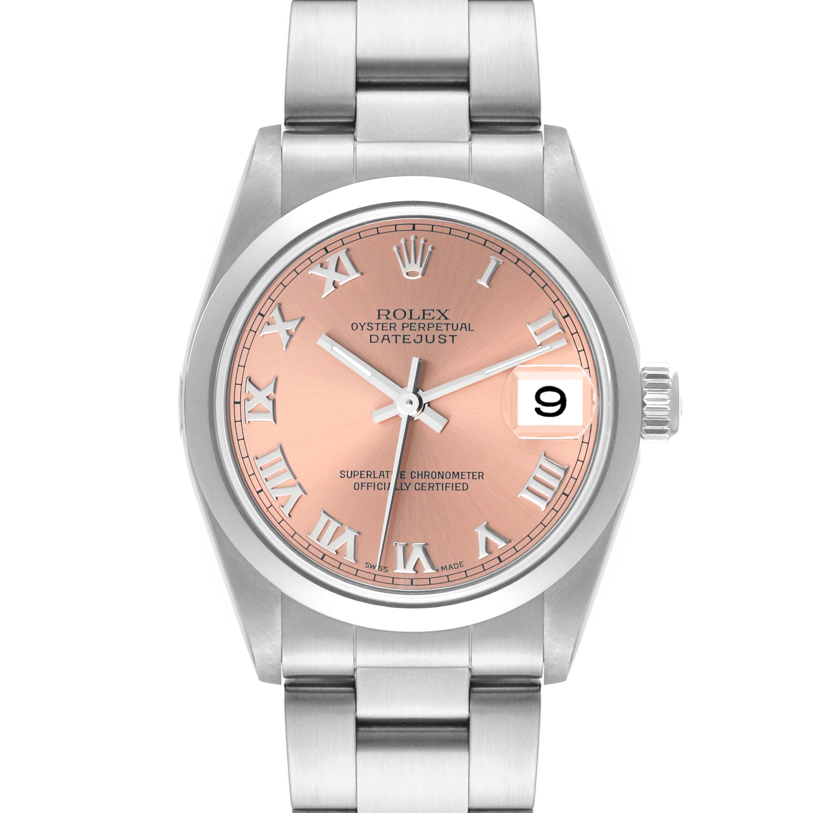 This image shows the front view of a Rolex Oyster Perpetual Datejust Mid-Size watch with a pink Roman numeral dial and stainless steel bracelet.