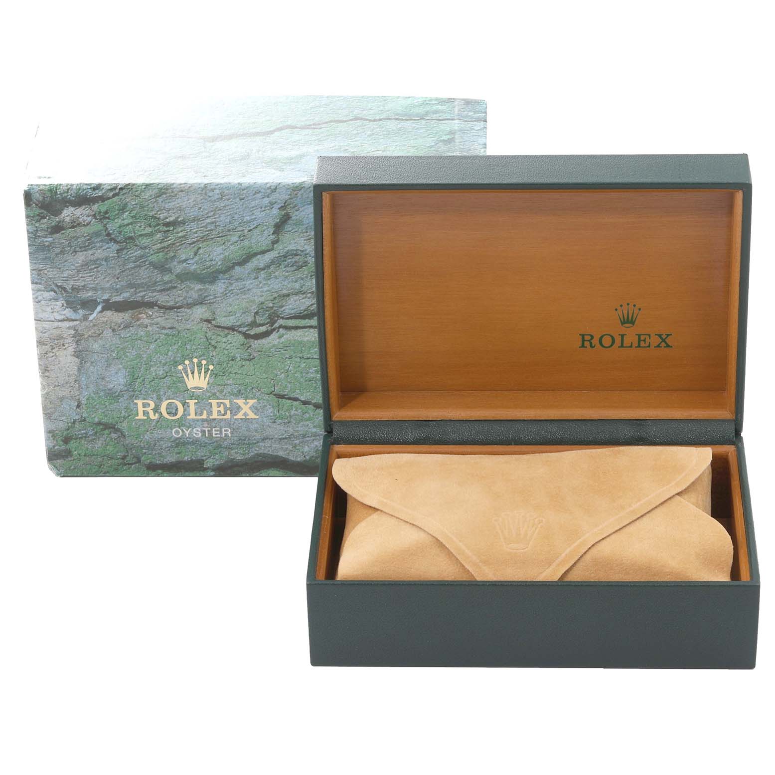 This image shows the packaging of a Mid-Size Rolex watch, including an outer box, inner wooden box, and a suede pouch.