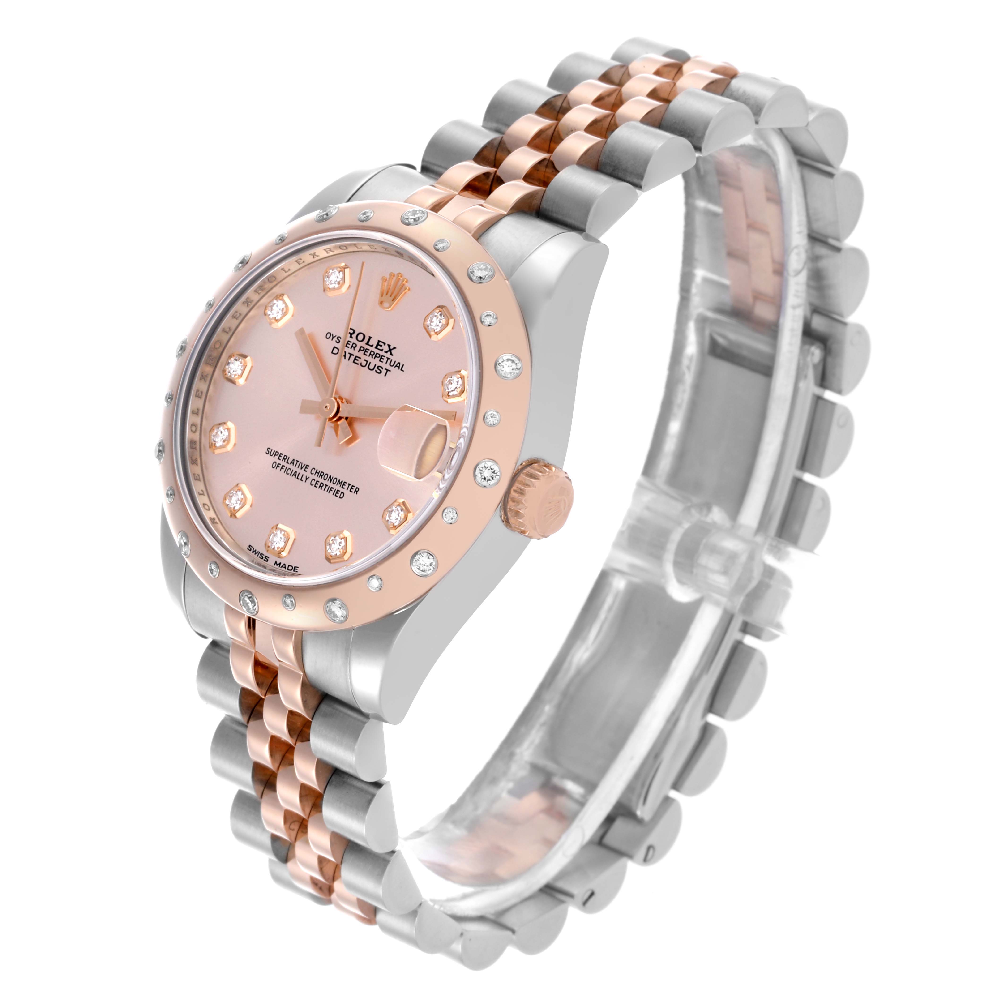 The Rolex Mid-Size 178341 Women's Steel and Gold (two tone) Silver Dial 178341 Women's Steel and Gold (two tone) Silver Dial model is shown at a three-quarter angle, highlighting the bezel, dial, bracelet, and crown.