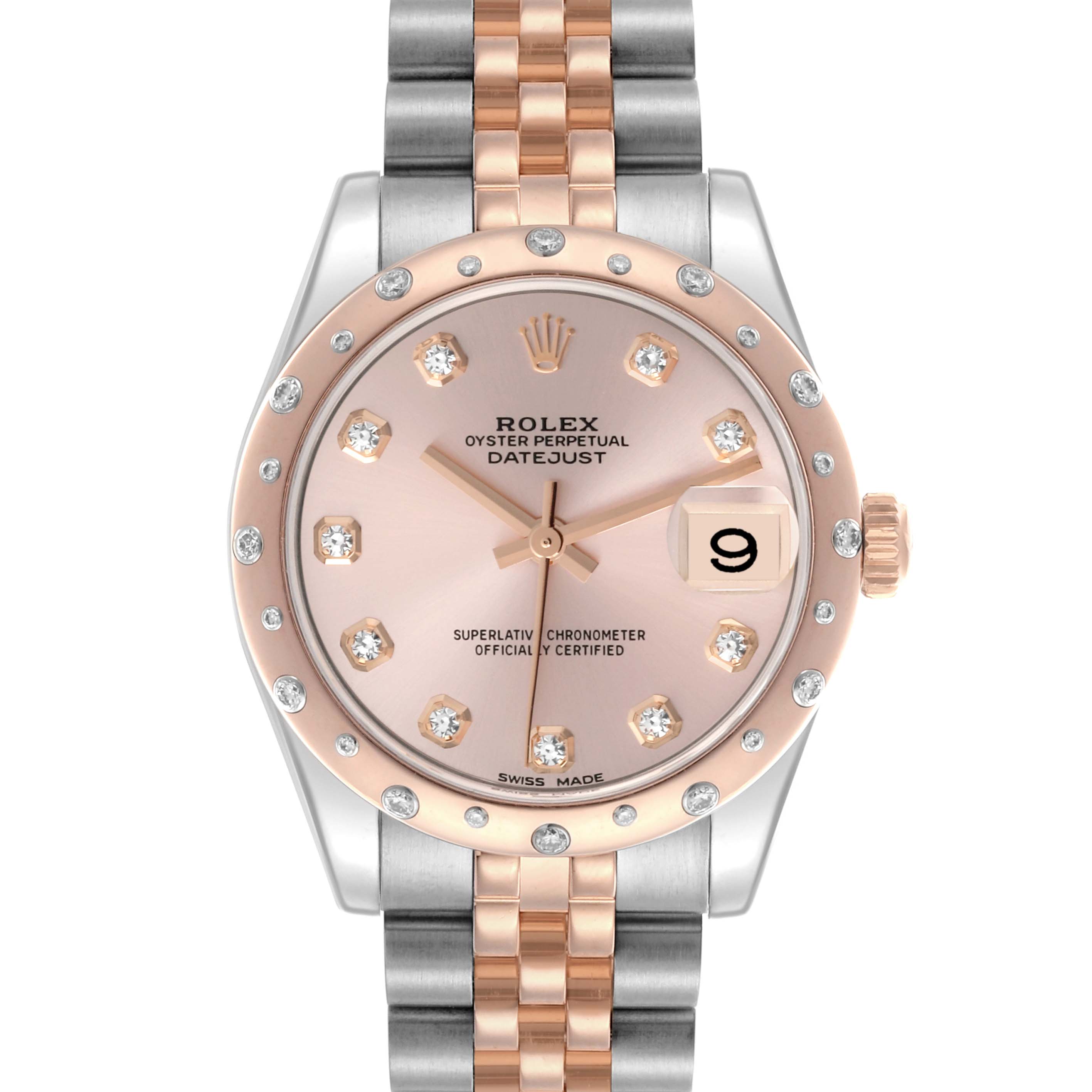 The image shows a front view of a Rolex Datejust Mid-Size watch, highlighting its dial, bezel, and bracelet.