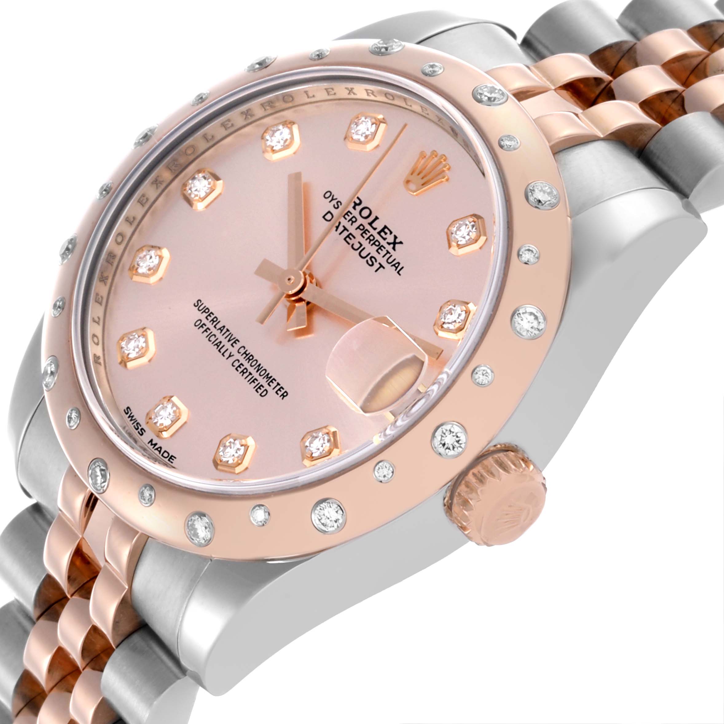 The Rolex Mid-Size 178341 Women's Steel and Gold (two tone) Silver Dial 178341 Women's Steel and Gold (two tone) Silver Dial watch is shown at an angled close-up, highlighting the dial, bezel, and bracelet.