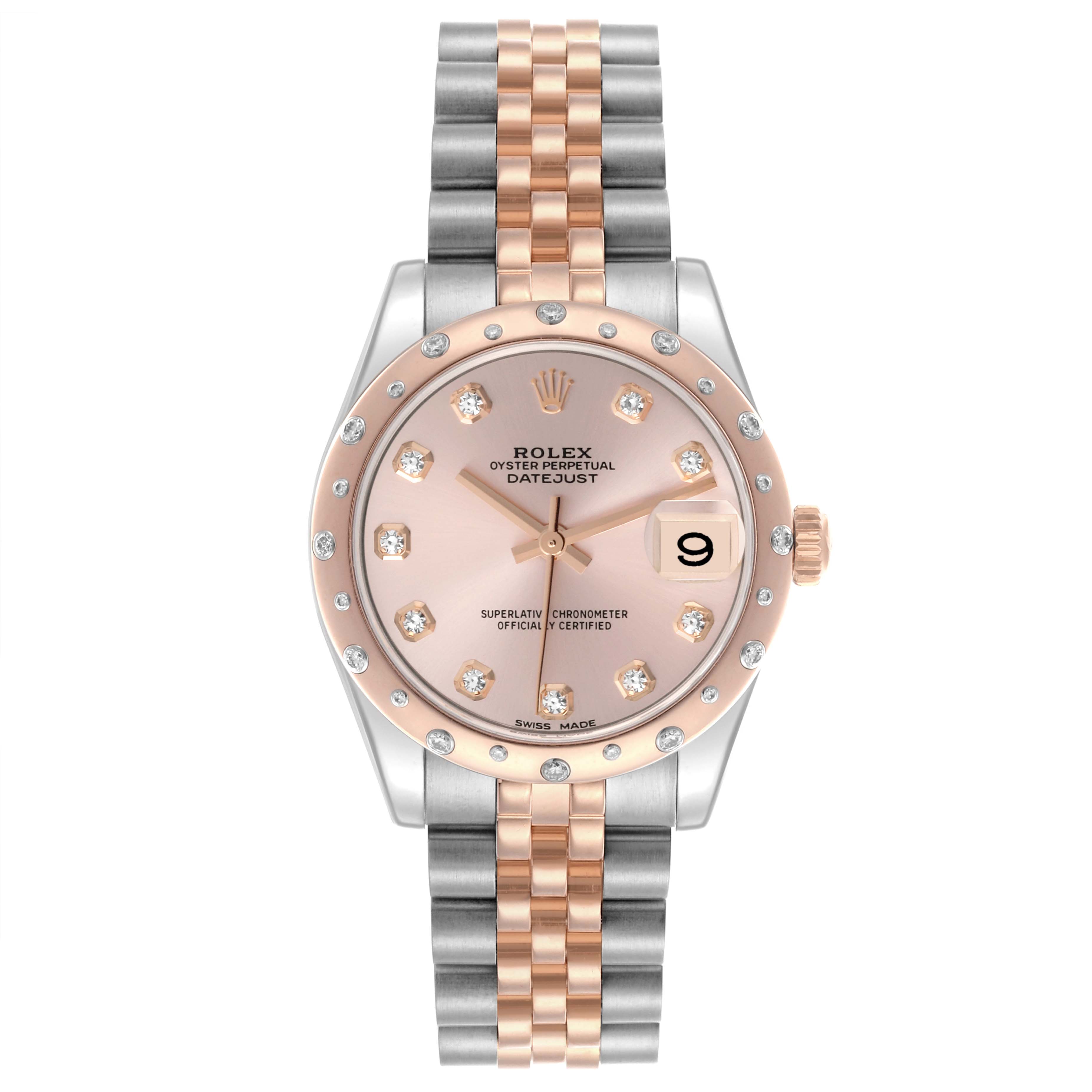 The Rolex Mid-Size 178341 Women's Steel and Gold (two tone) Silver Dial 178341 Women's Steel and Gold (two tone) Silver Dial watch is shown from a top-down angle, featuring its dial, case, bezel, and two-tone bracelet.