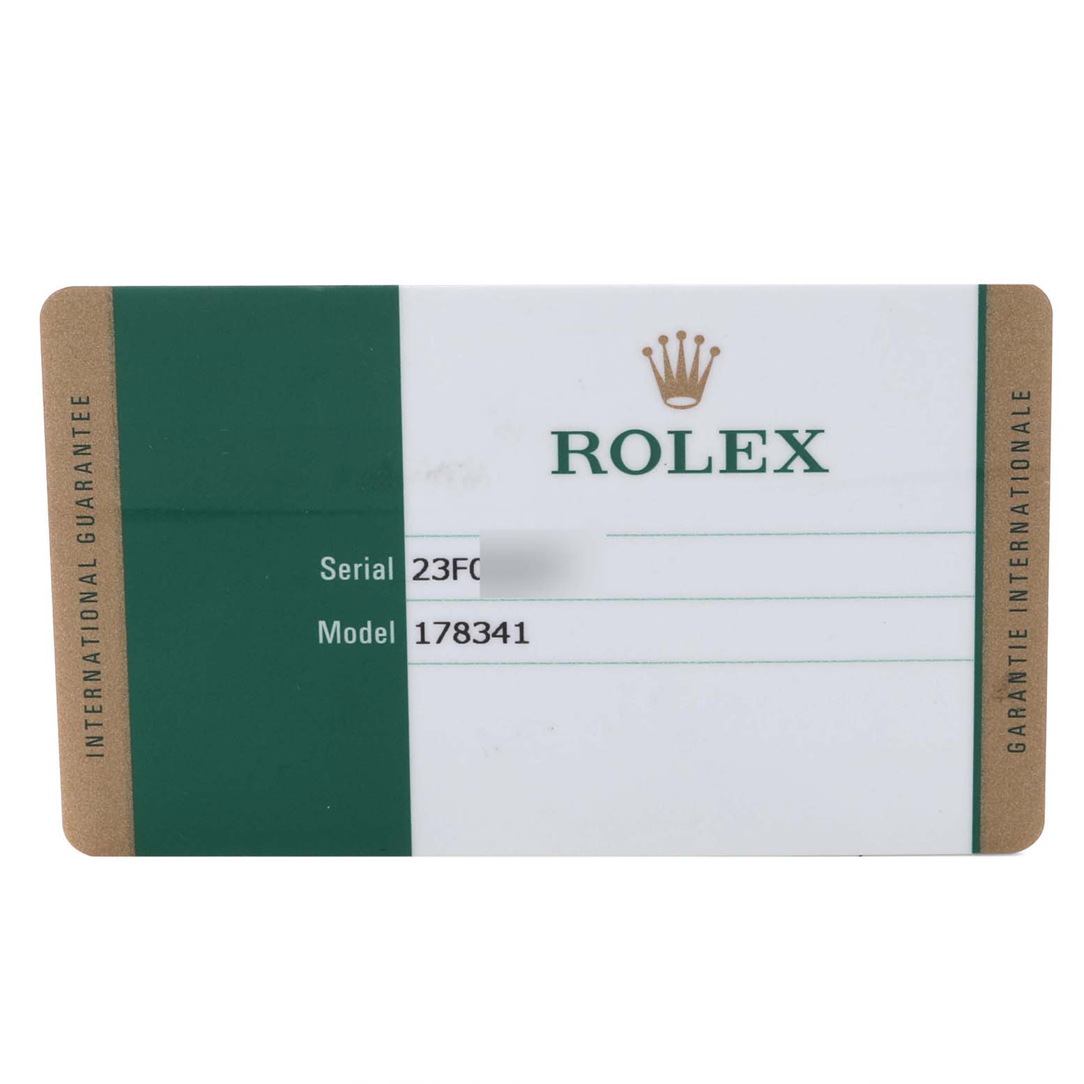 The image shows a Rolex warranty card for the Mid-Size model 178341.