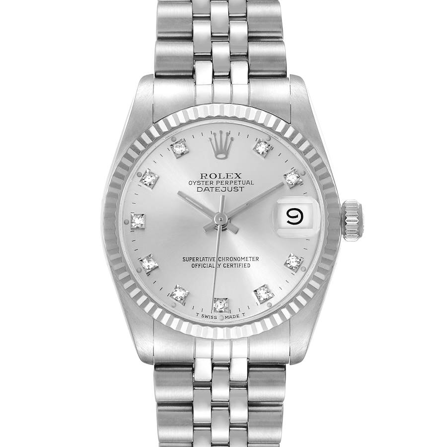 The Rolex Mid-Size watch is shown from a front angle, highlighting the dial, bezel, bracelet, and crown.