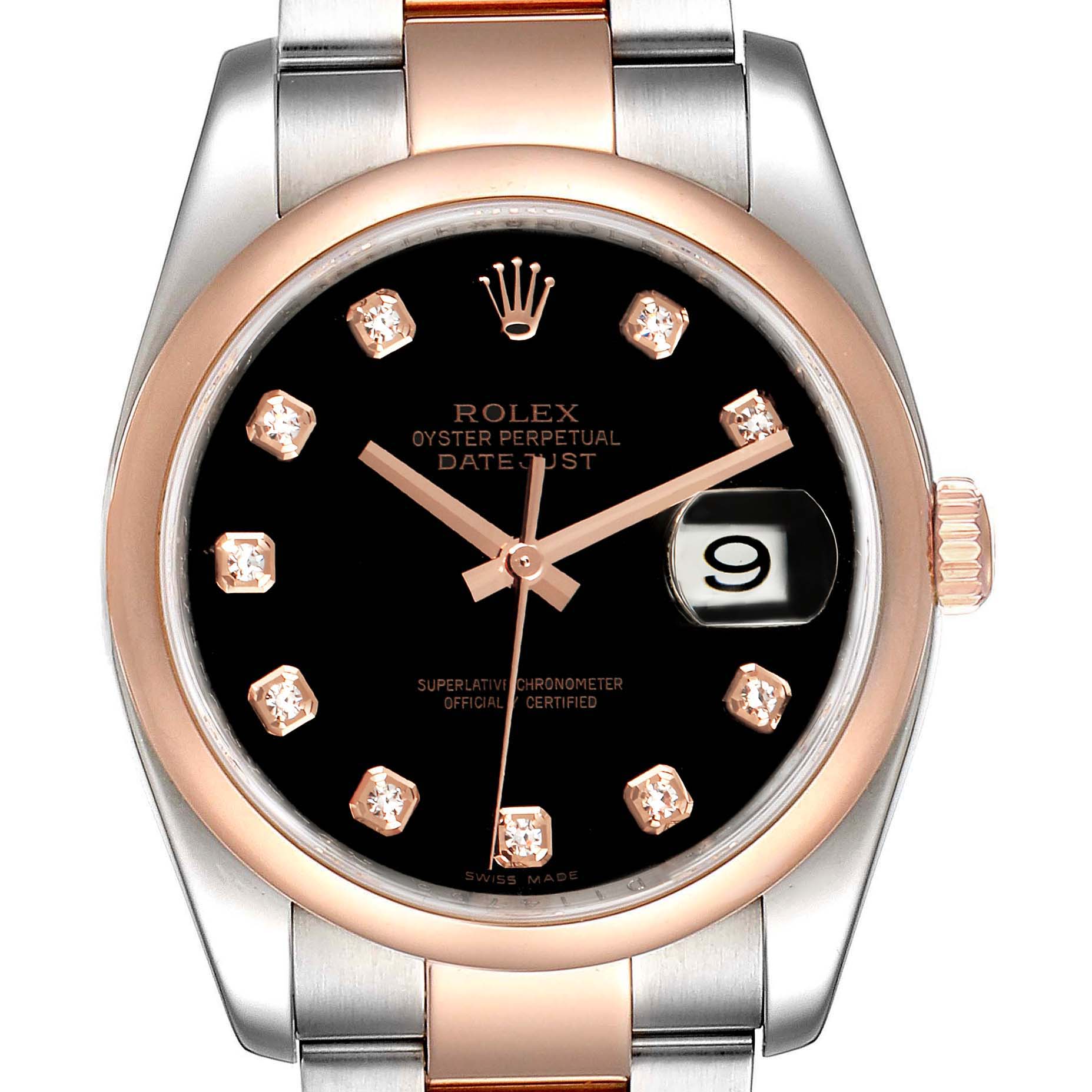 The image shows a front view of a Rolex Datejust 116201 Men
s Rose Gold Black Dial 116201 Men
s Rose Gold Black Dial watch, featuring a black dial, diamond markers, and a two-tone metal bracelet.