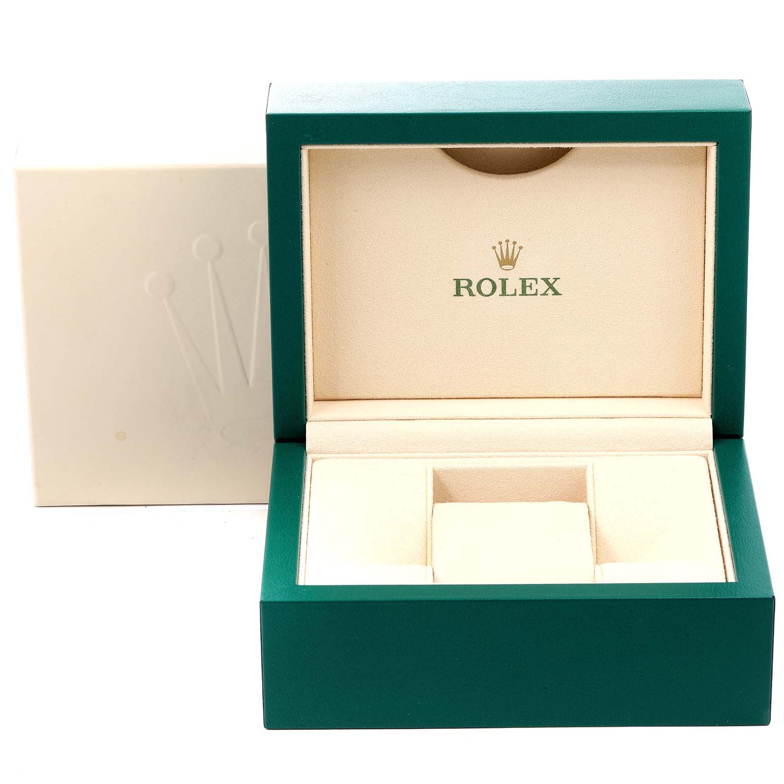 The image shows an open Rolex Datejust 116201 Men
s Rose Gold Black Dial 116201 Men
s Rose Gold Black Dial watch box and its interior, designed for storing the watch.