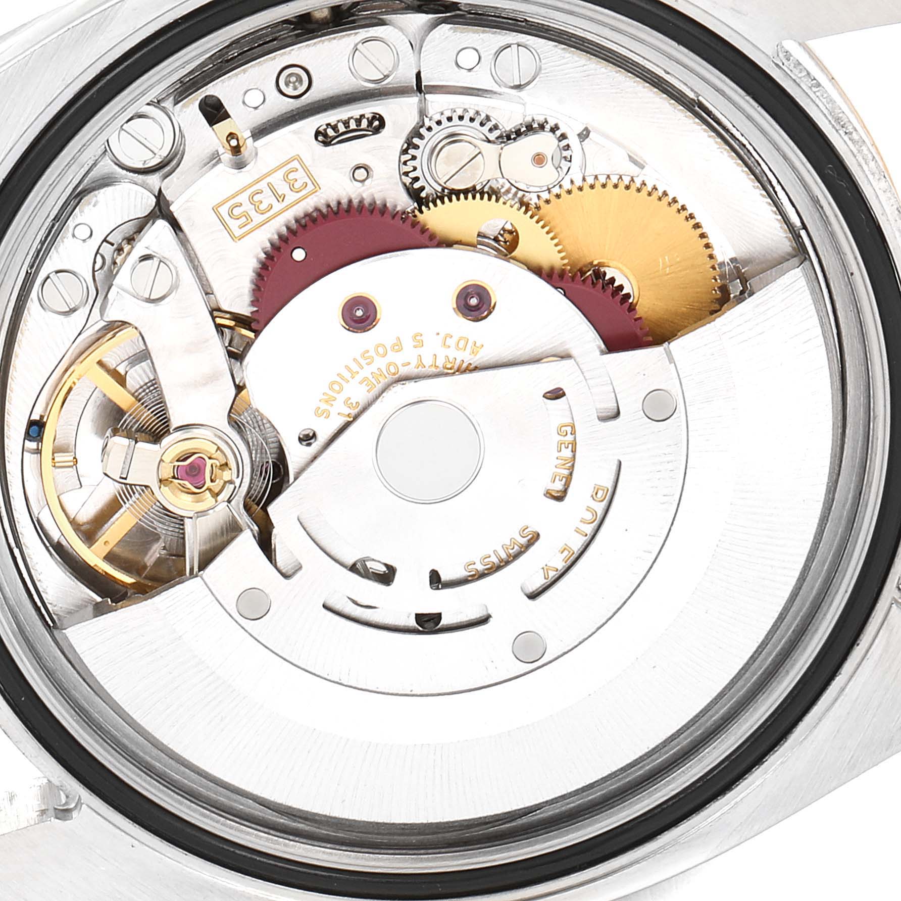 This image shows the internal mechanism of a Rolex Datejust 116201 Men
s Rose Gold Black Dial 116201 Men
s Rose Gold Black Dial watch, highlighting the gears and movement components.