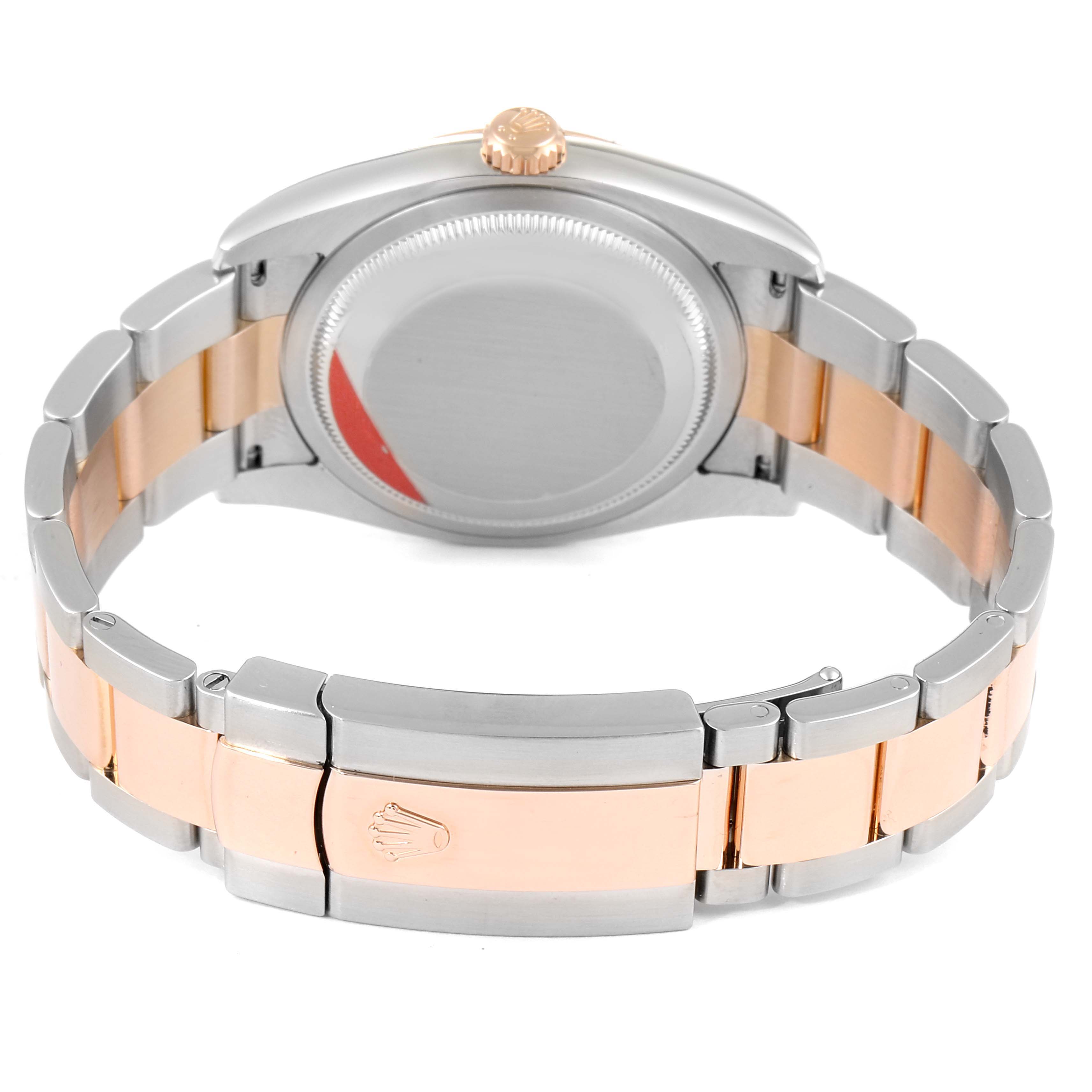 This image shows the back and bracelet of a Rolex Datejust 116201 Men
s Rose Gold Black Dial 116201 Men
s Rose Gold Black Dial watch, highlighting the clasp and case back.