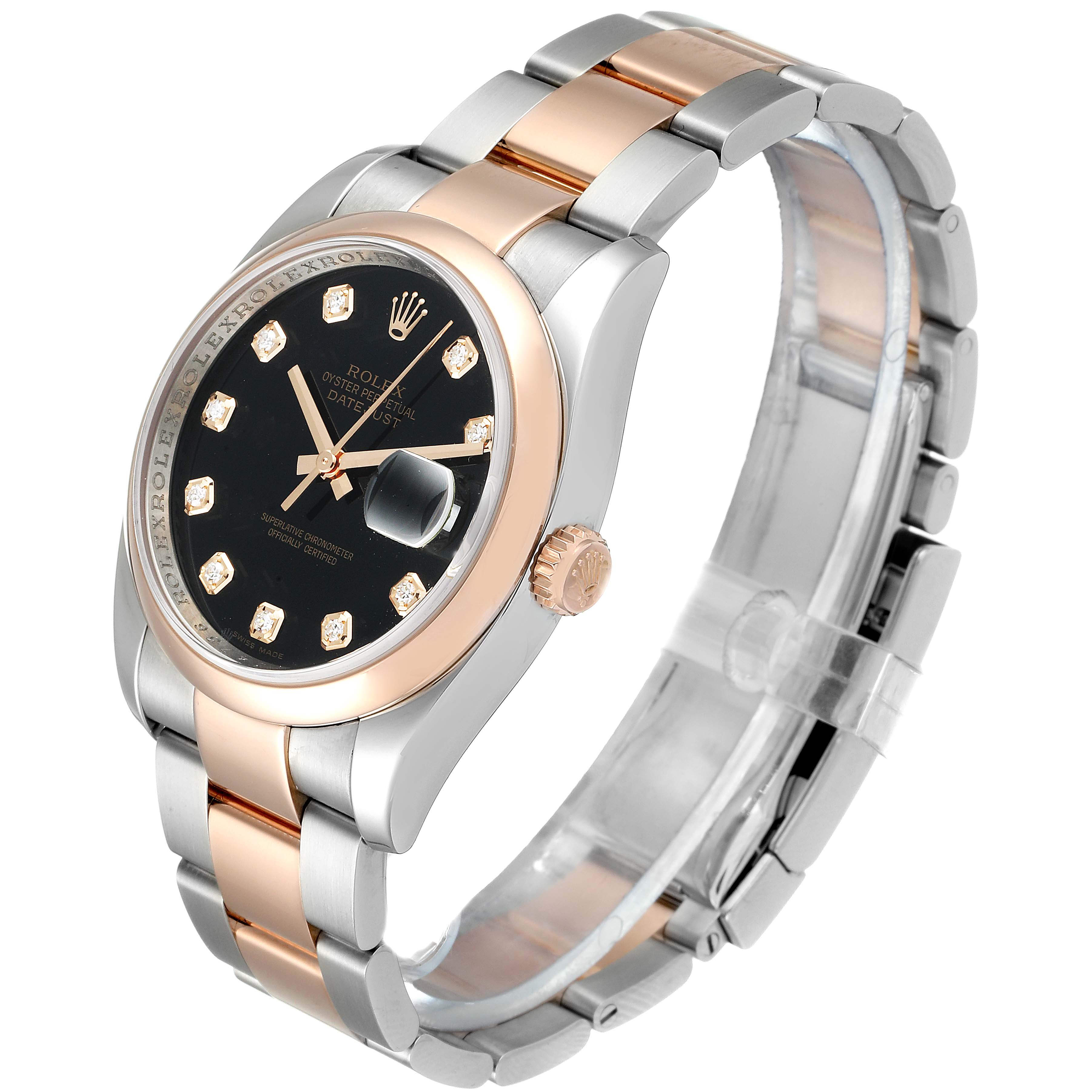 The image shows a Rolex Datejust 116201 Men
s Rose Gold Black Dial 116201 Men
s Rose Gold Black Dial watch at a three-quarter angle, highlighting its dial, case, crown, and bracelet.