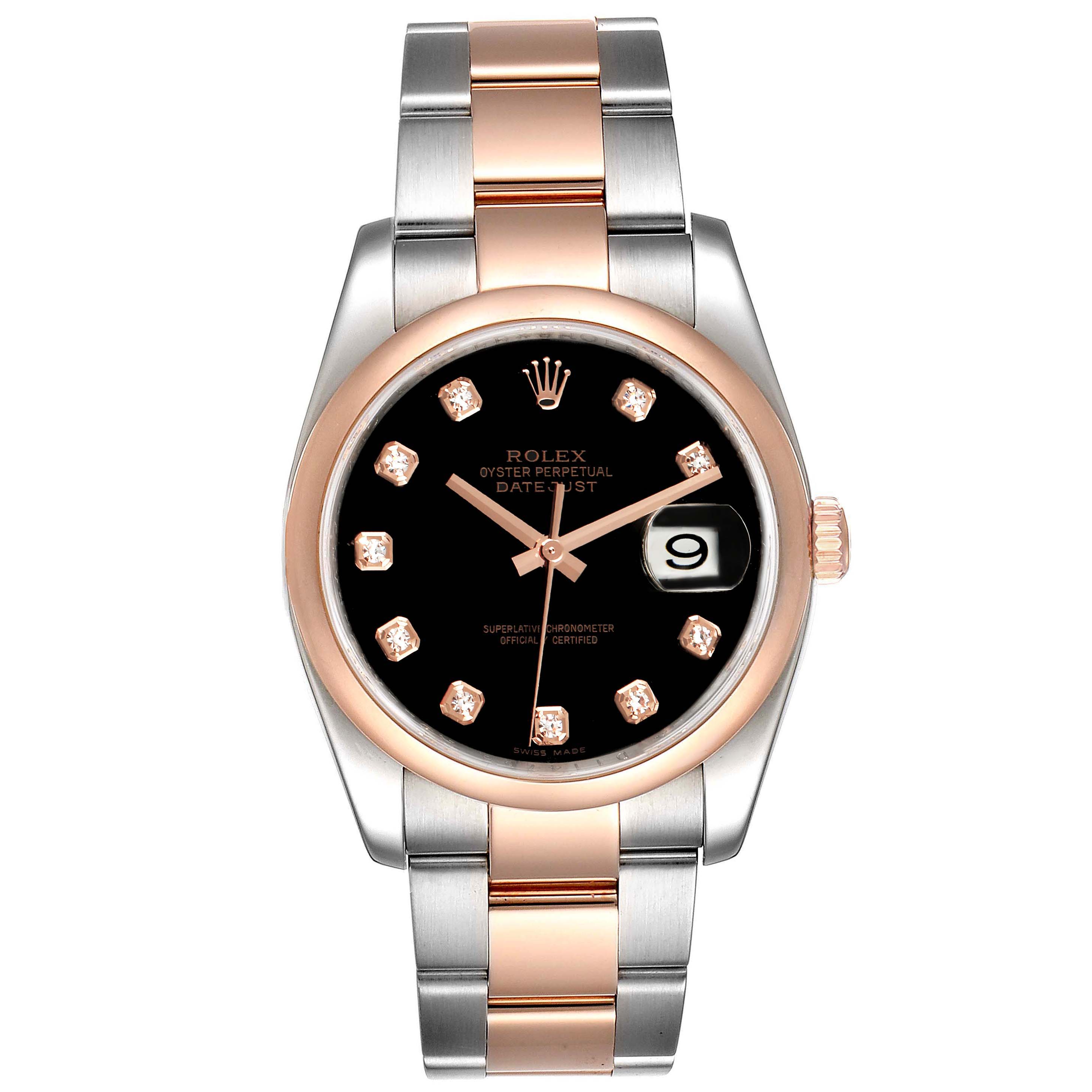 This image shows a front view of a Rolex Datejust 116201 Men
s Rose Gold Black Dial 116201 Men
s Rose Gold Black Dial watch with a black dial, diamond hour markers, and a two-tone bracelet.