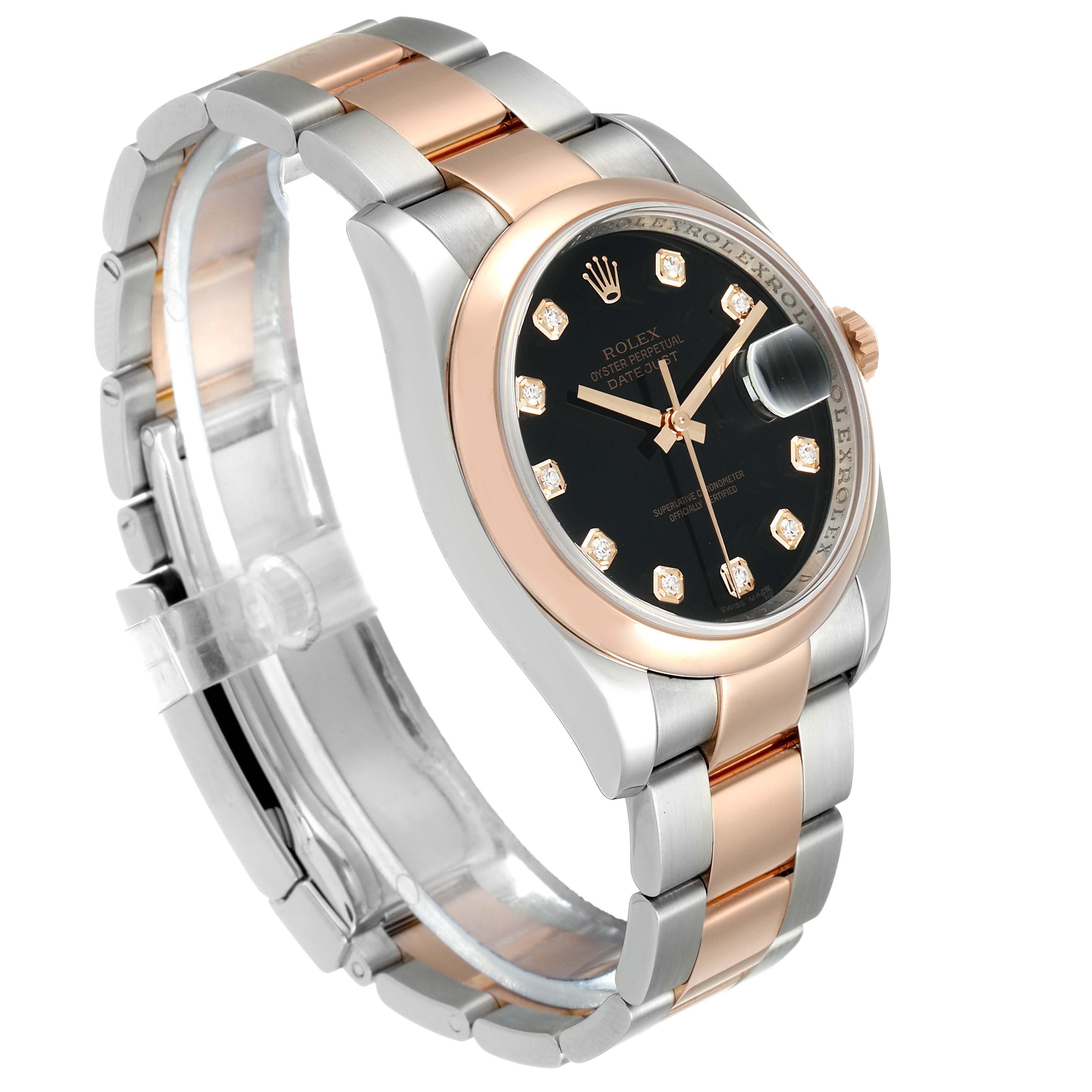 This image shows a side-angle view of a Rolex Datejust 116201 Men
s Rose Gold Black Dial 116201 Men
s Rose Gold Black Dial watch, highlighting its two-tone band and black dial with diamond hour markers.