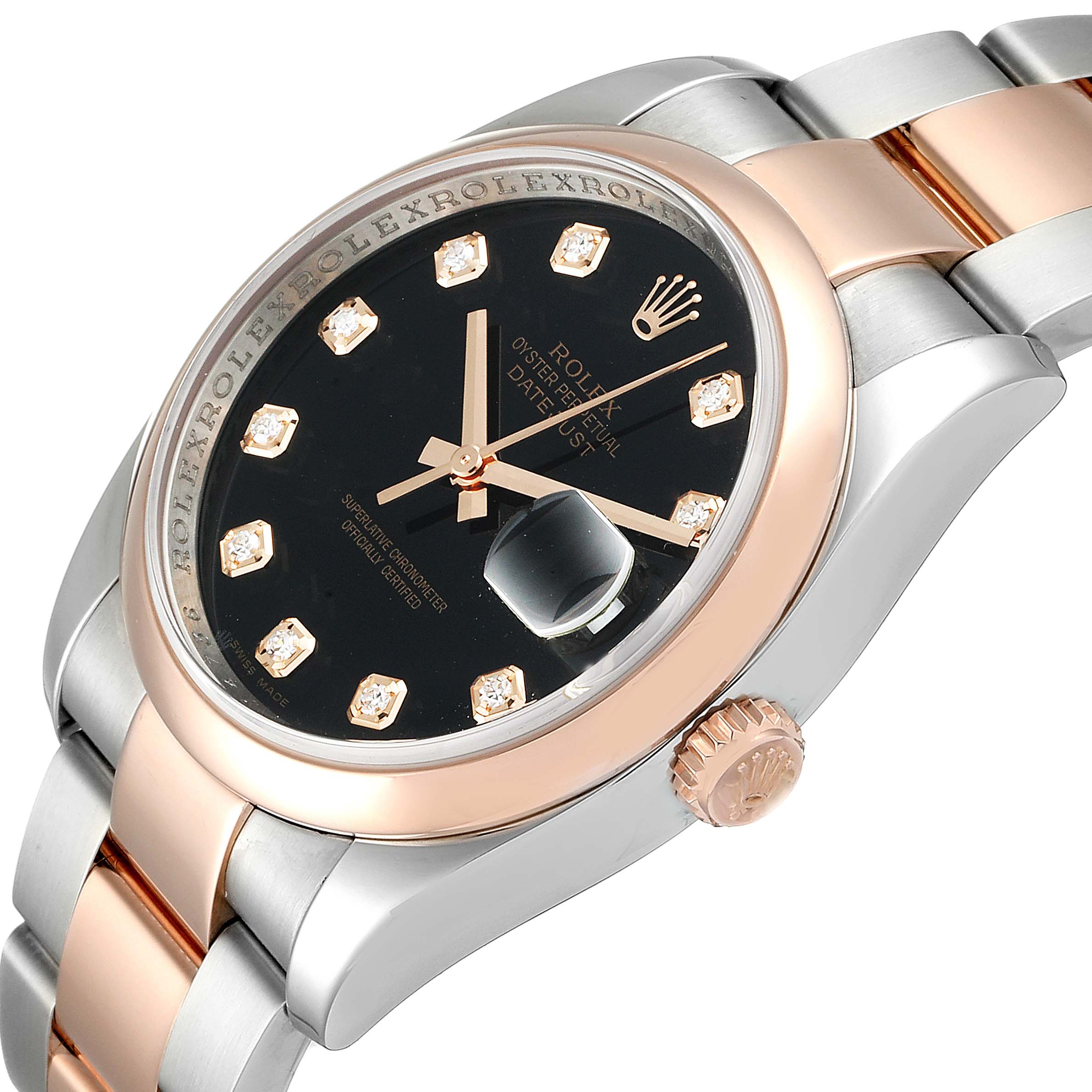 This image shows a Rolex Datejust 116201 Men
s Rose Gold Black Dial 116201 Men
s Rose Gold Black Dial watch at an angle, revealing the face, bezel, crown, and bracelet.