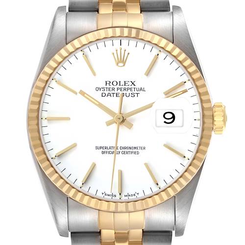 The Rolex Datejust 16233 Men's Steel and Gold (two tone) White Dial watch is shown from the front, highlighting the dial, bezel, and part of the bracelet.