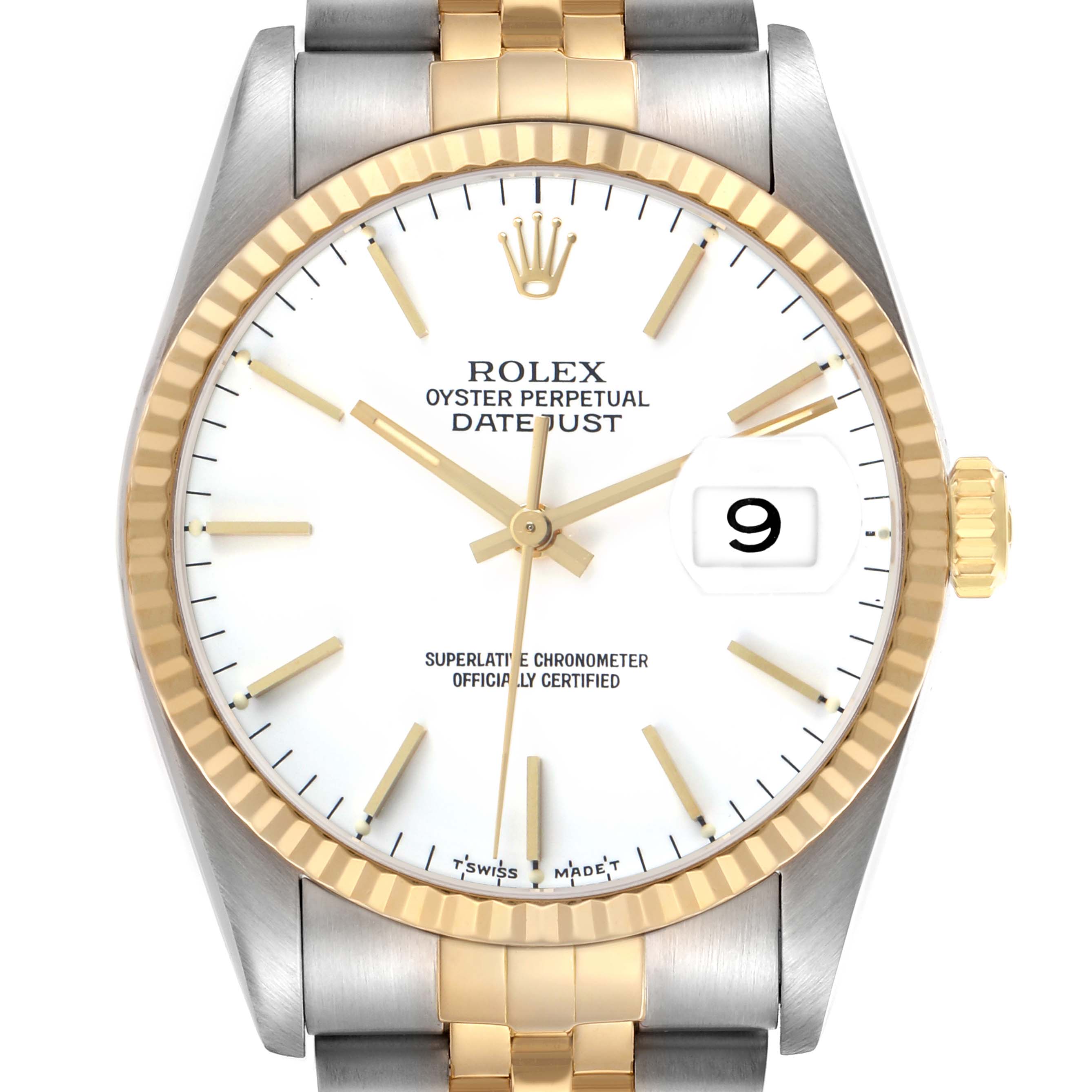The Rolex Datejust 16233 Men's Steel and Gold (two tone) White Dial watch is shown from the front, highlighting its gold bezel, white dial, and date window.