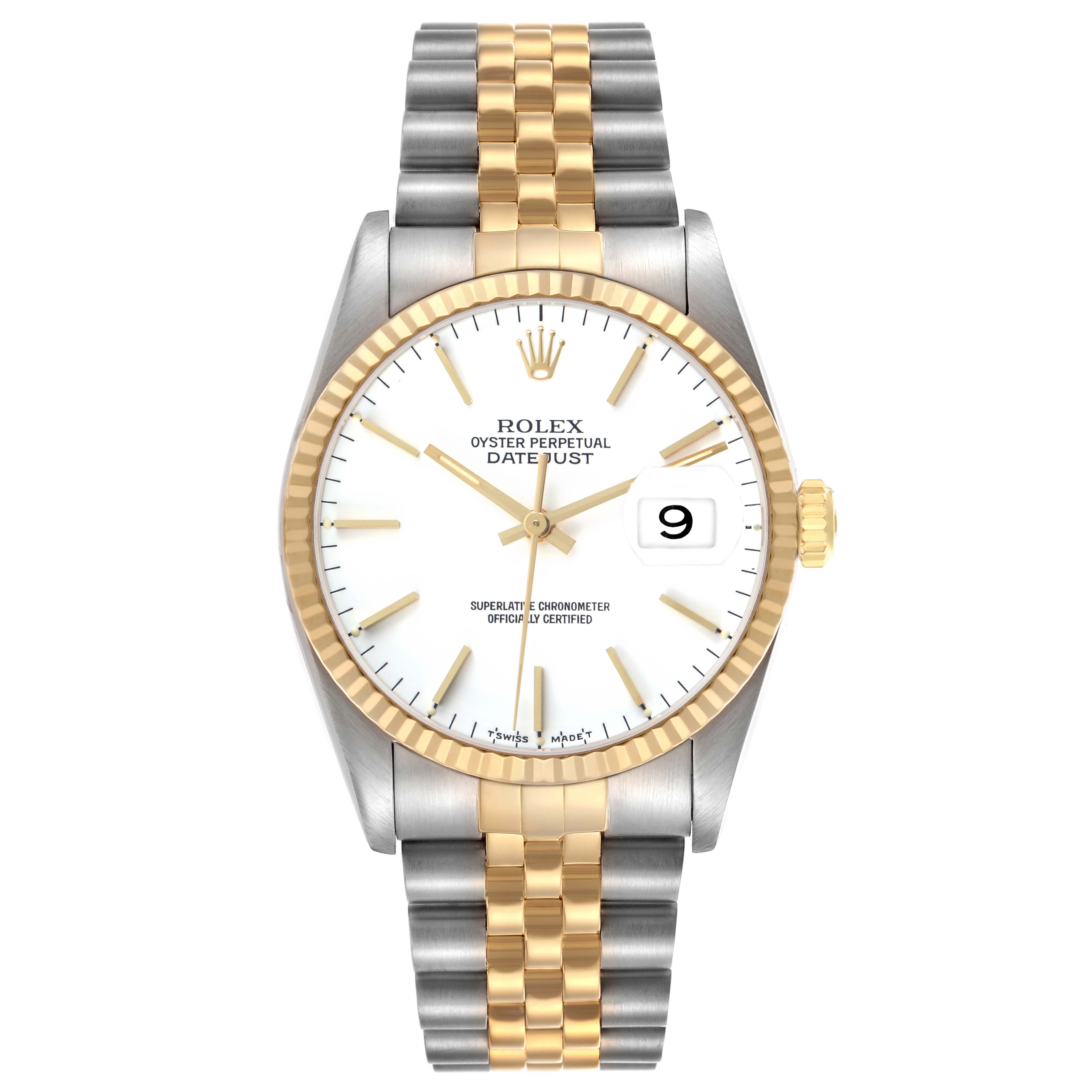 The Rolex Datejust 16233 Men's Steel and Gold (two tone) White Dial watch is shown from a front angle, highlighting its case, bezel, dial, hands, crown, and bracelet.