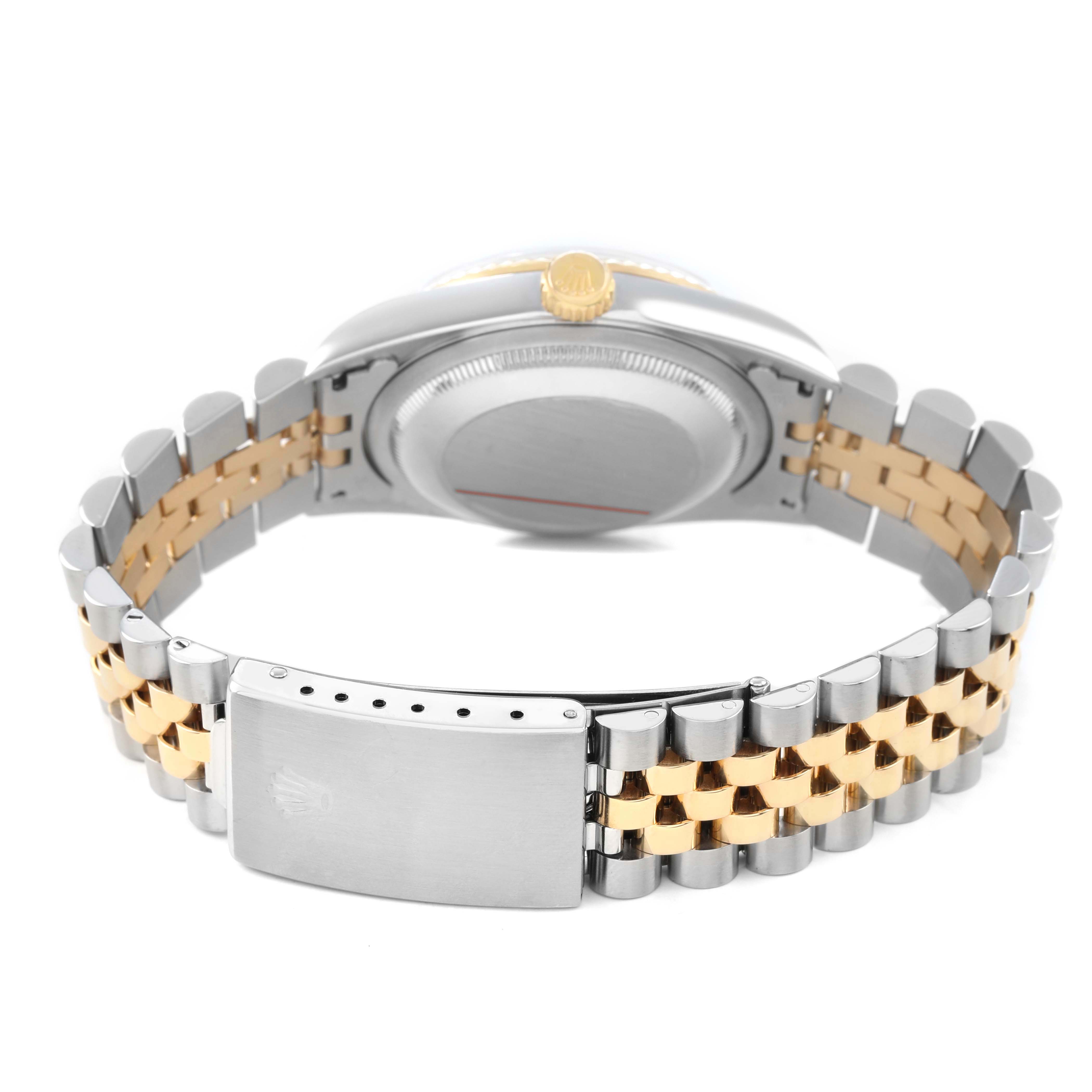The image shows the back of the Rolex Datejust 16233 Men's Steel and Gold (two tone) White Dial, focusing on its case back and two-tone Jubilee bracelet with a deployment clasp.