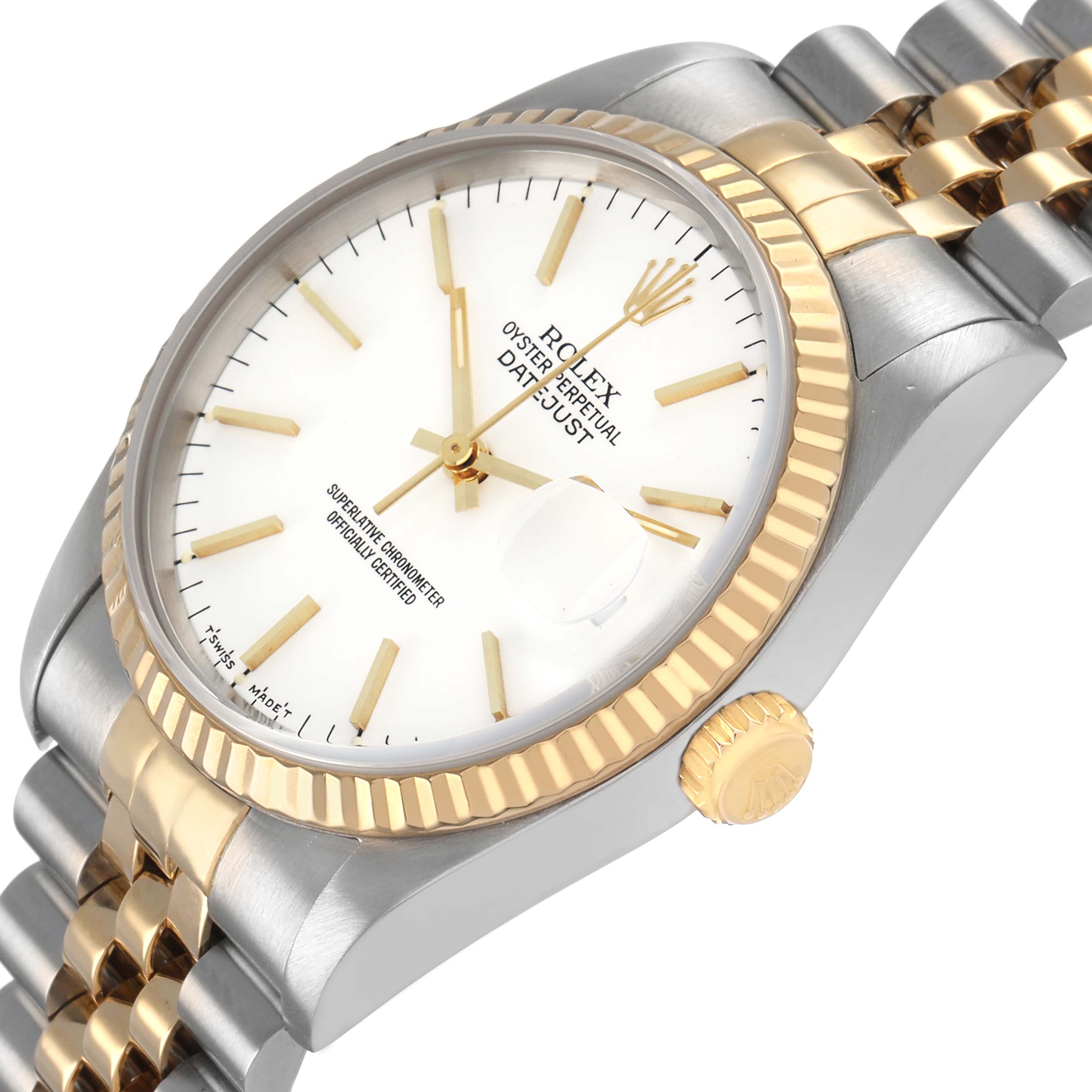 The Rolex Datejust 16233 Men's Steel and Gold (two tone) White Dial watch is shown at an angled view, highlighting the dial, fluted bezel, and two-tone bracelet.