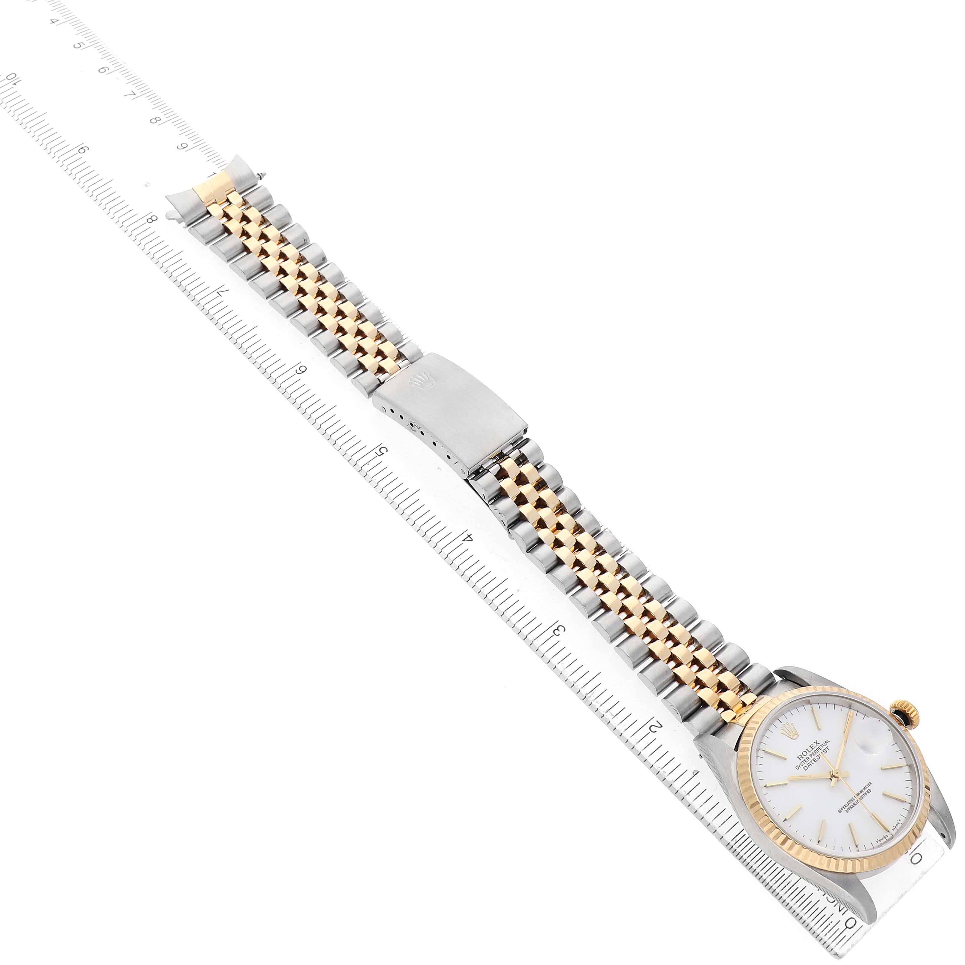 The Rolex Datejust 16233 Men's Steel and Gold (two tone) White Dial watch is shown from a top-down angle, displaying its face, two-tone bracelet, and clasp.