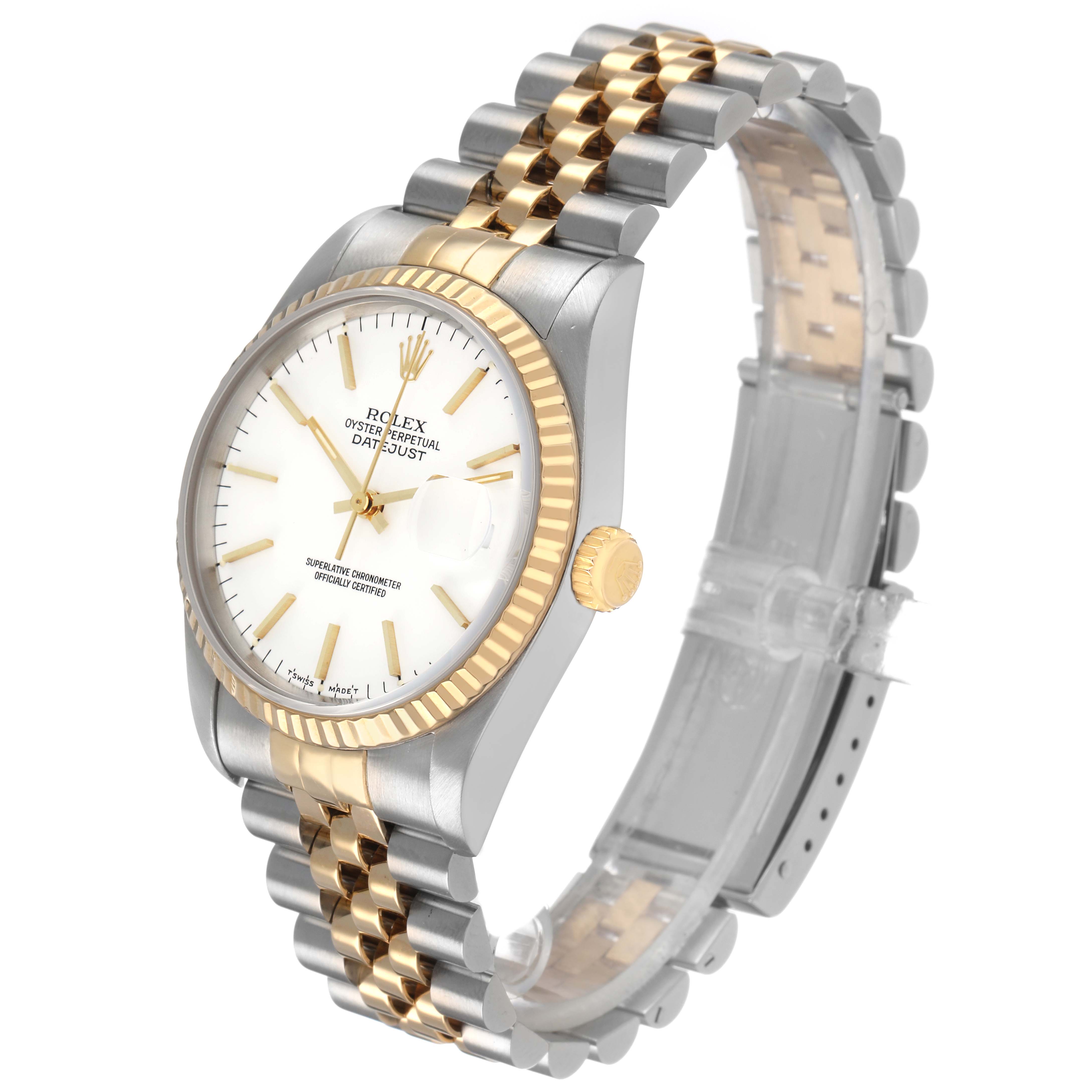 The Rolex Datejust 16233 Men's Steel and Gold (two tone) White Dial watch is shown at a three-quarter angle, highlighting its bezel, dial, crown, and two-tone bracelet.