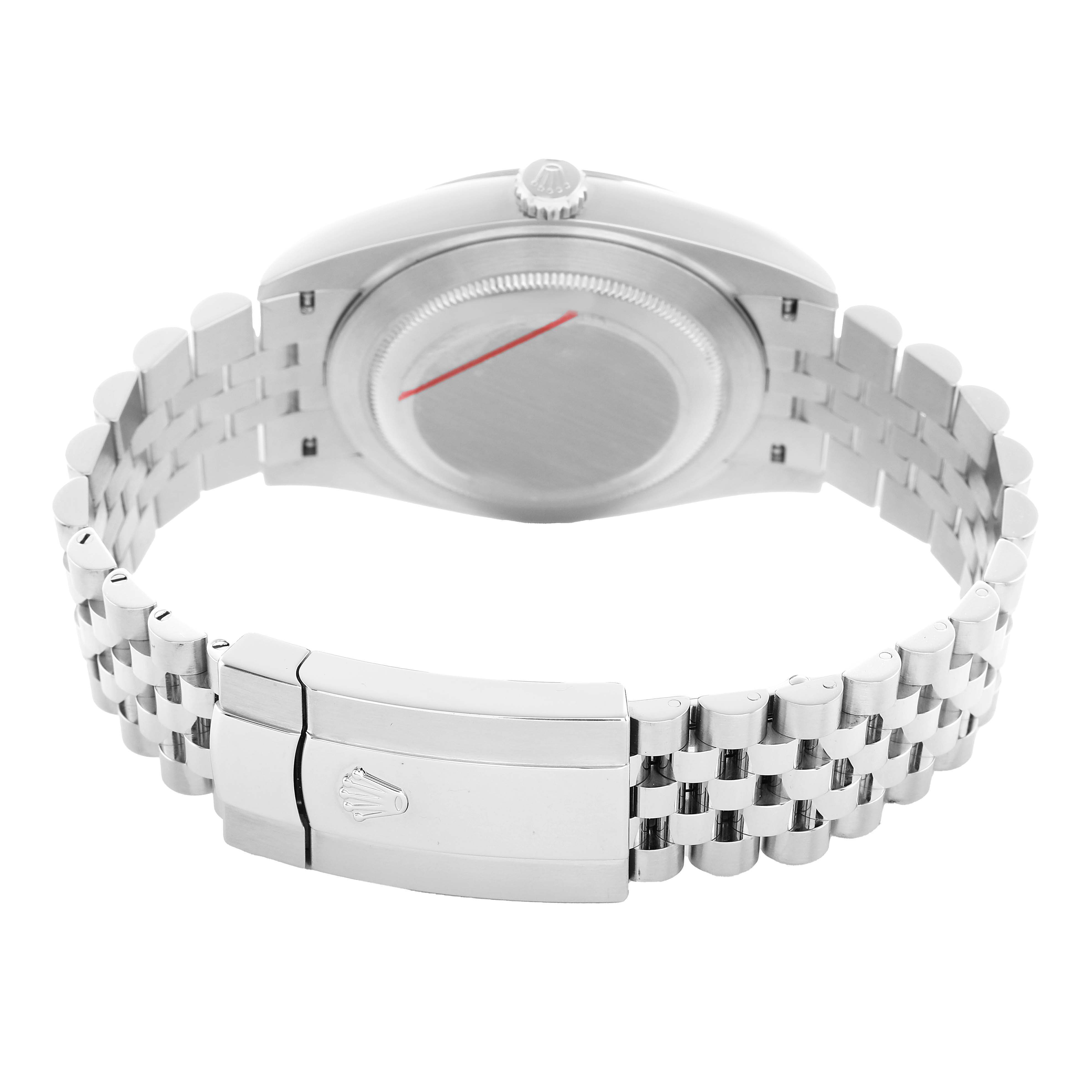 The image shows the back and clasp of a Rolex Datejust 126300 Men's Stainless Steel Grey Dial watch, highlighting the Jubilee bracelet.