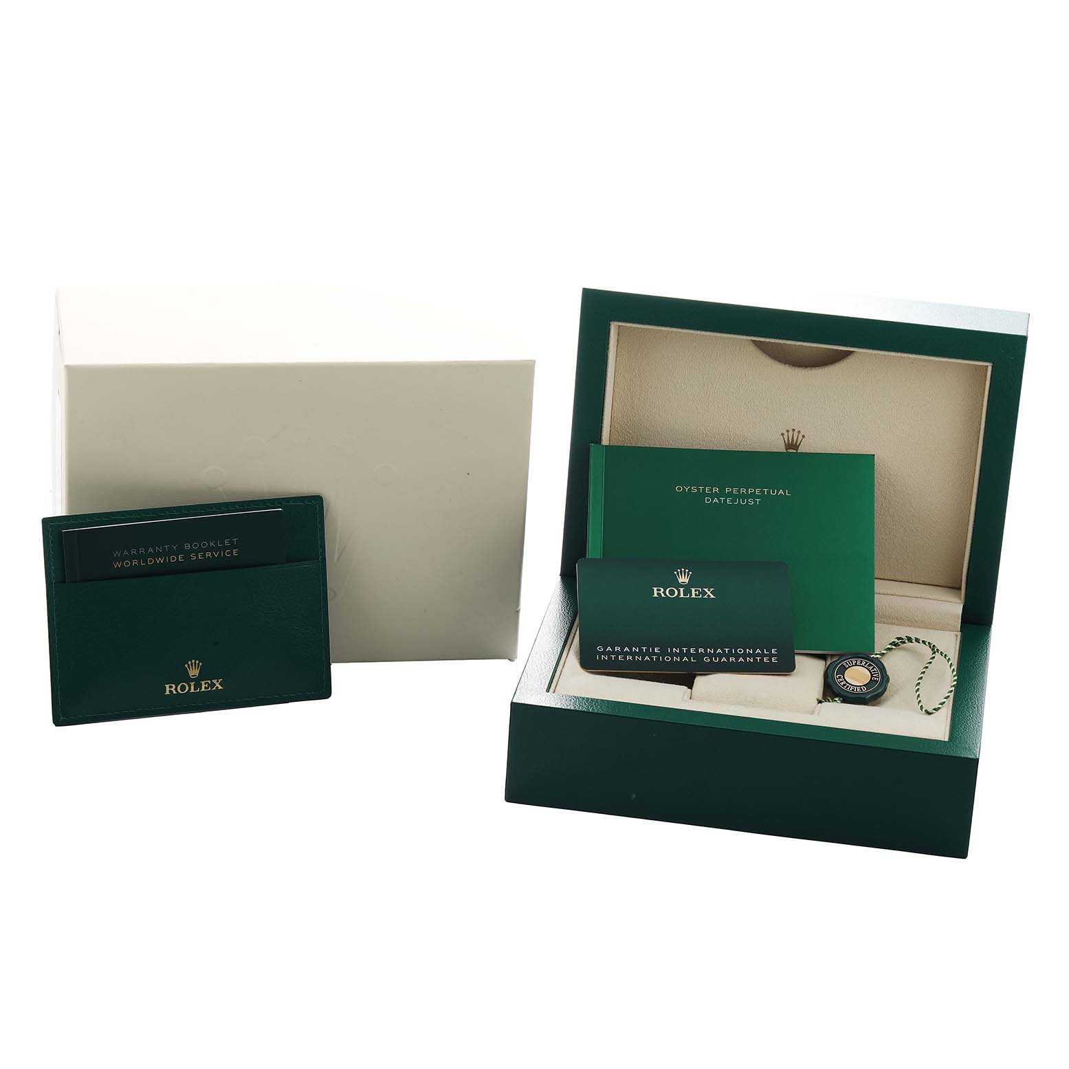 The image shows the Rolex Datejust 126300 Men's Stainless Steel Grey Dial packaging with warranty card, booklet, and accessories from a frontal angle.