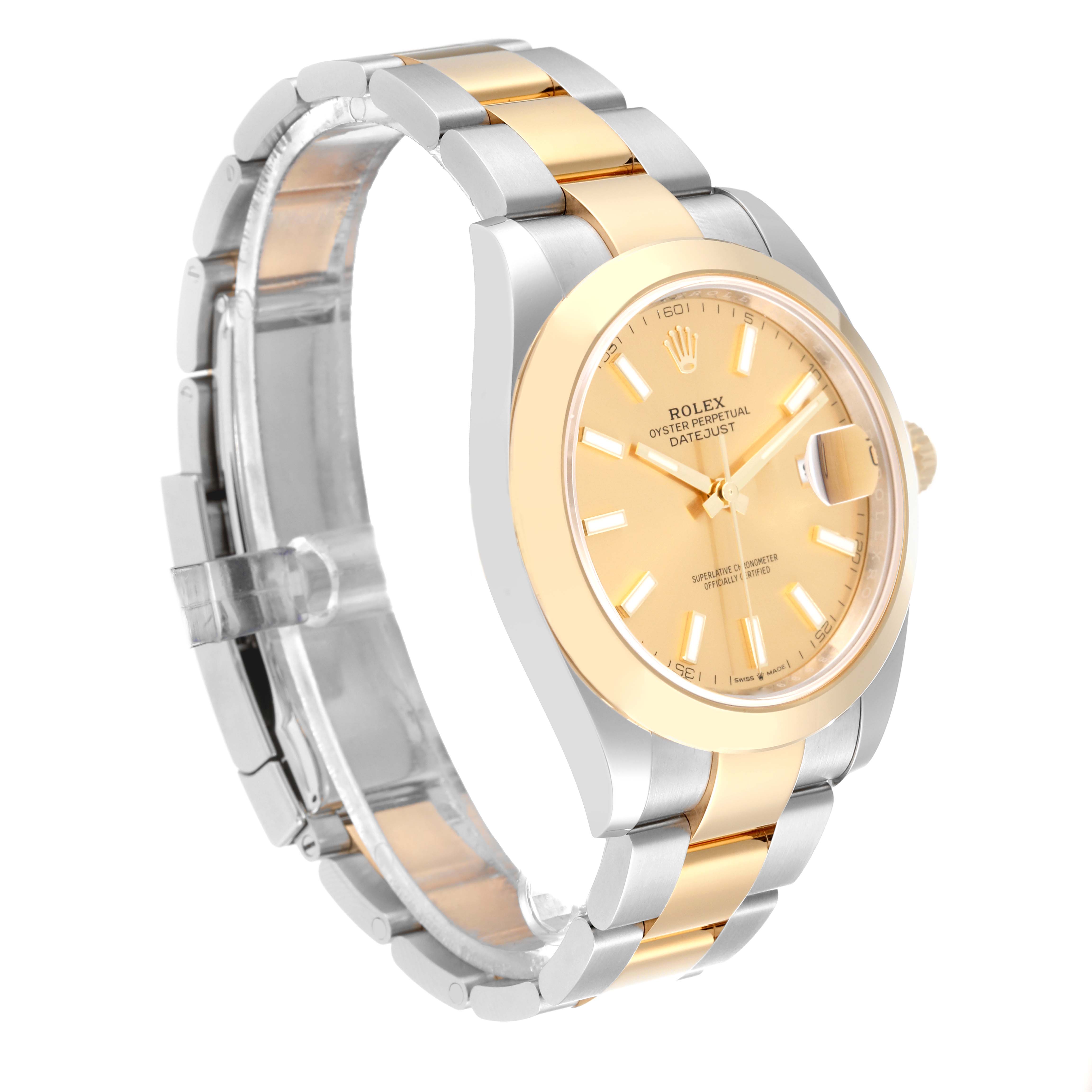 The Rolex Datejust 41 126303 Men's Steel and Gold (two tone) Champagne Dial 126303 Men's Steel and Gold (two tone) Champagne Dial watch is shown at a three-quarter angle, highlighting its gold and silver Oyster bracelet and champagne dial.