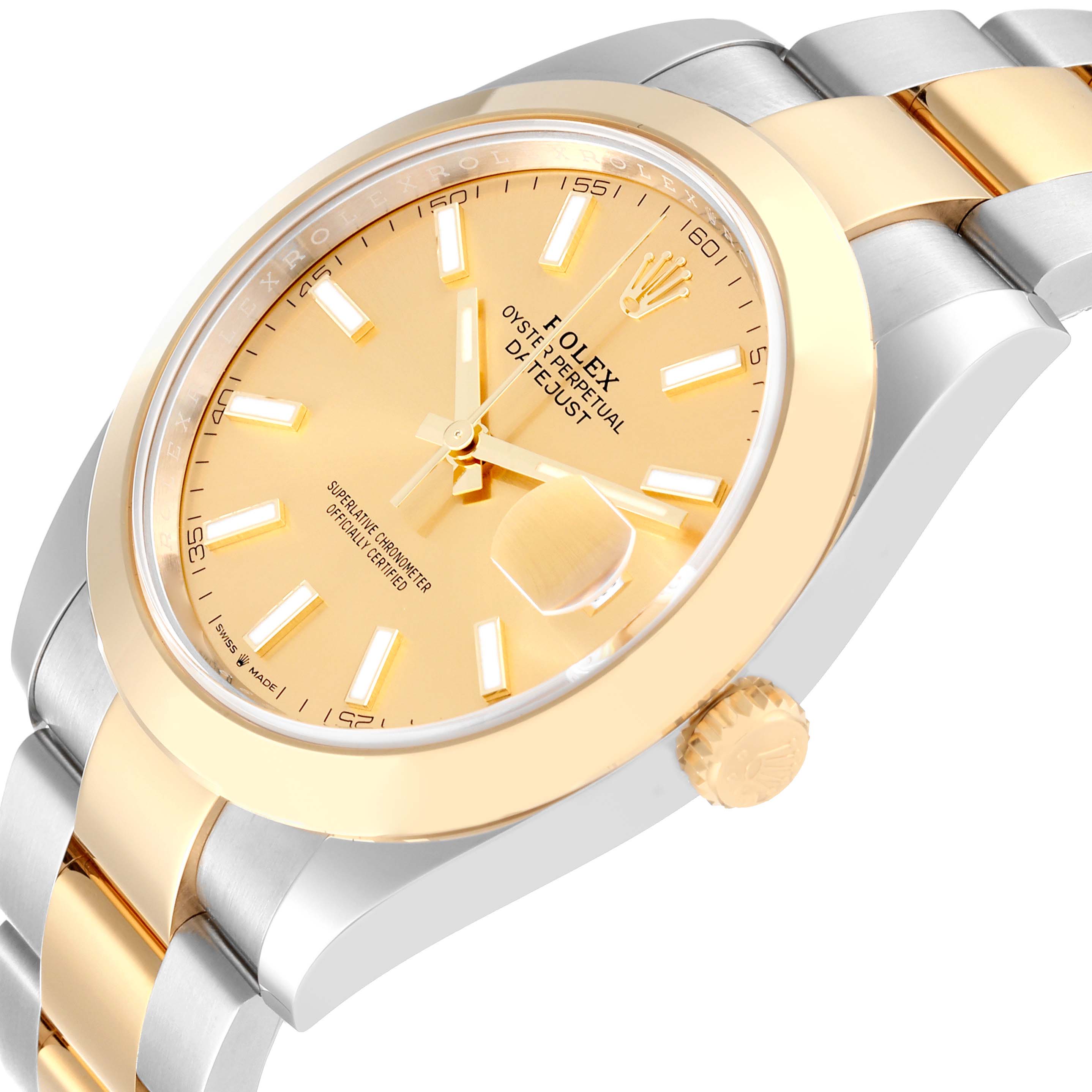This is a close-up, angled view of the Rolex Datejust 41 126303 Men's Steel and Gold (two tone) Champagne Dial 126303 Men's Steel and Gold (two tone) Champagne Dial watch, showcasing its dial, bezel, and bracelet.