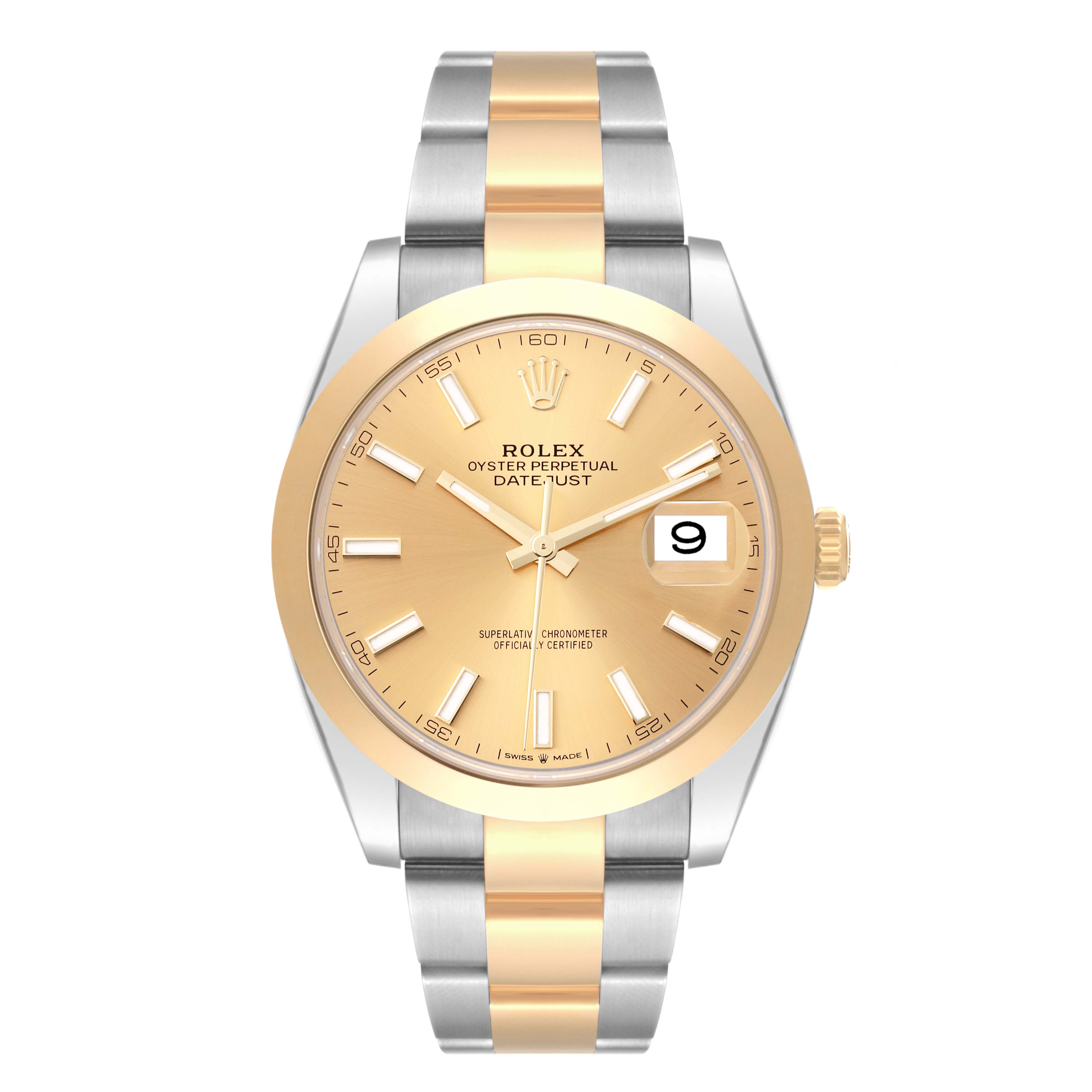 The Rolex Datejust 41 126303 Men's Steel and Gold (two tone) Champagne Dial 126303 Men's Steel and Gold (two tone) Champagne Dial watch is shown from the front, highlighting its two-tone bracelet and dial with a date window at 3 o'clock.