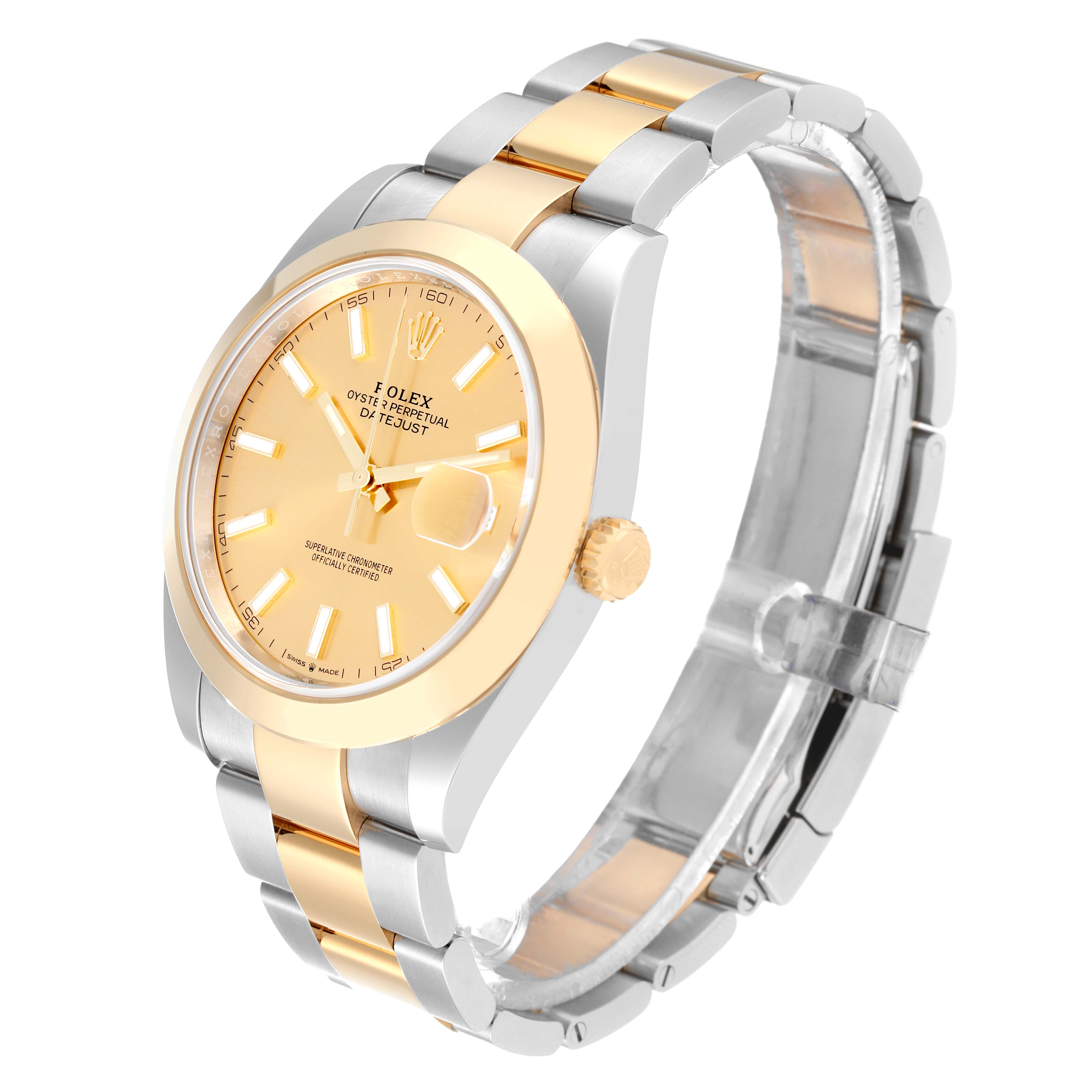 The Rolex Datejust 41 126303 Men's Steel and Gold (two tone) Champagne Dial 126303 Men's Steel and Gold (two tone) Champagne Dial model is shown at a three-quarter angle, featuring its gold and silver bezel, dial, and bracelet.