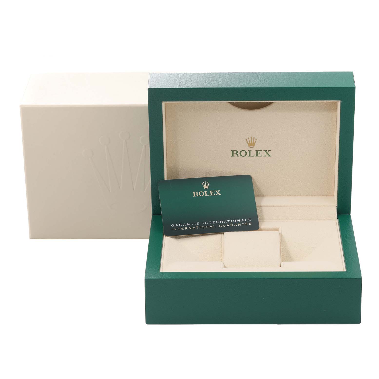 The image shows an open Rolex Datejust 41 126303 Men's Steel and Gold (two tone) Champagne Dial 126303 Men's Steel and Gold (two tone) Champagne Dial watch box with the international guarantee card.