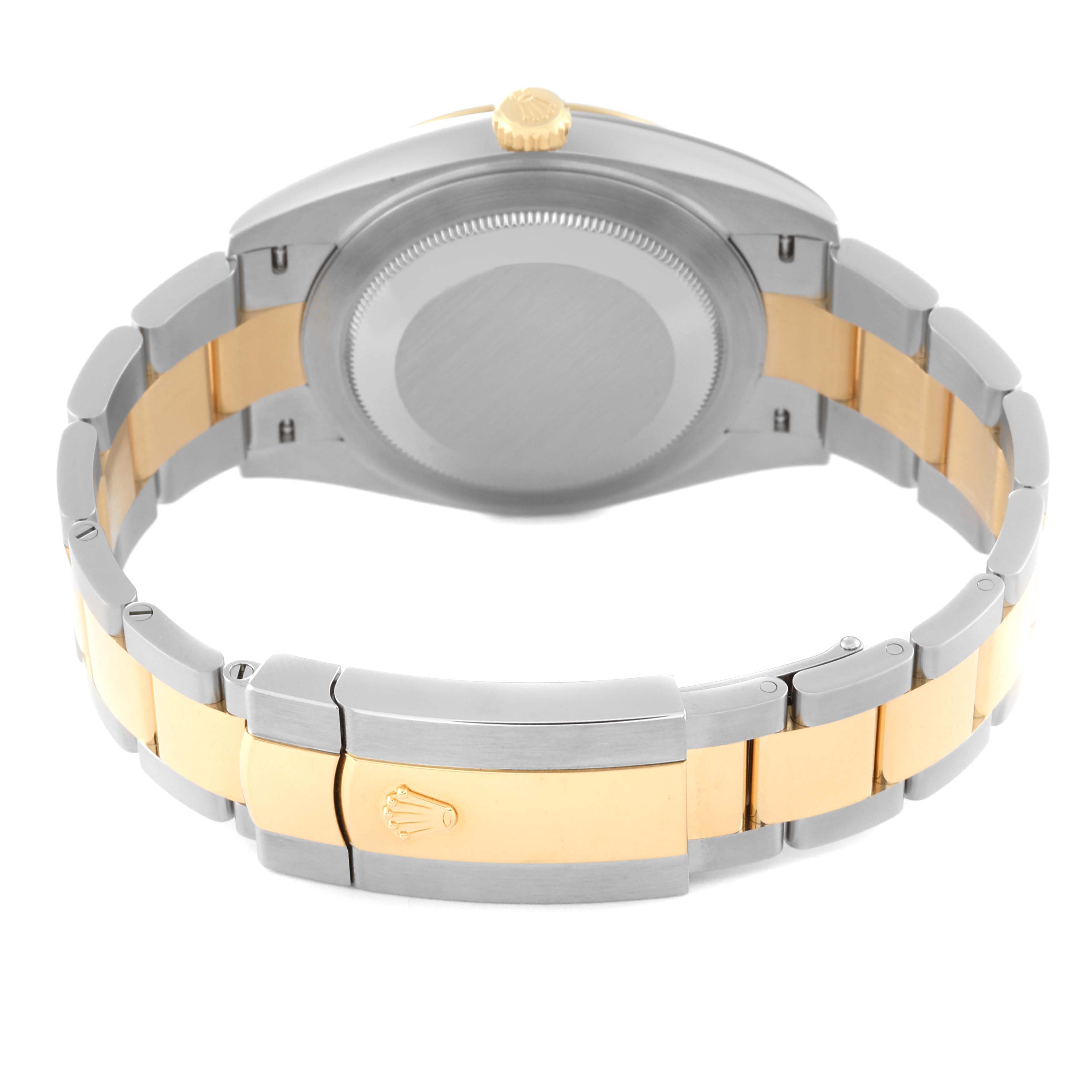 The image shows the back view of a Rolex Datejust 41 126303 Men's Steel and Gold (two tone) Champagne Dial 126303 Men's Steel and Gold (two tone) Champagne Dial watch, highlighting the caseback and two-tone bracelet with the clasp.