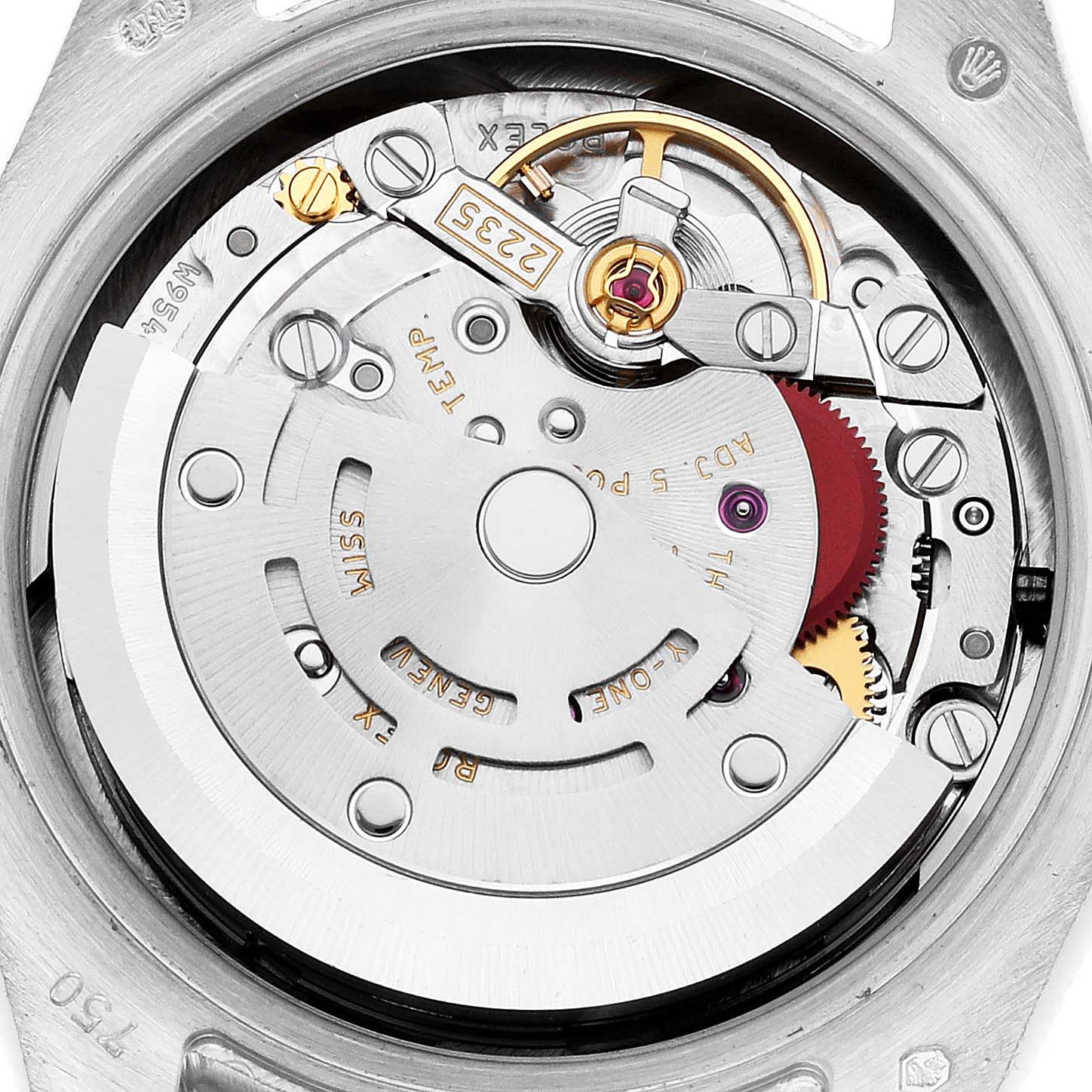 The image shows the internal mechanism of a Rolex President 179159 Women's White Gold Silver Dial 179159 Women's White Gold Silver Dial watch with visible gears and parts from a top-down angle.