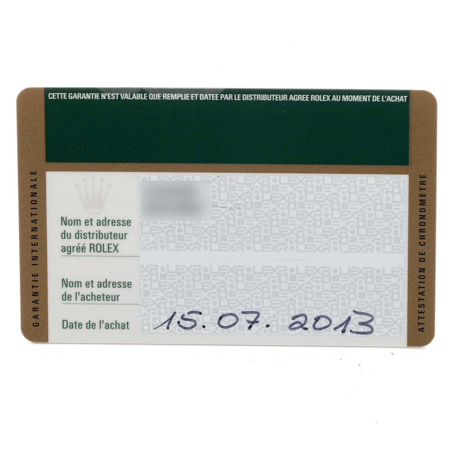 This image shows a warranty card for the Rolex President 179159 Women's White Gold Silver Dial 179159 Women's White Gold Silver Dial model, detailing purchase information and dealer identity.