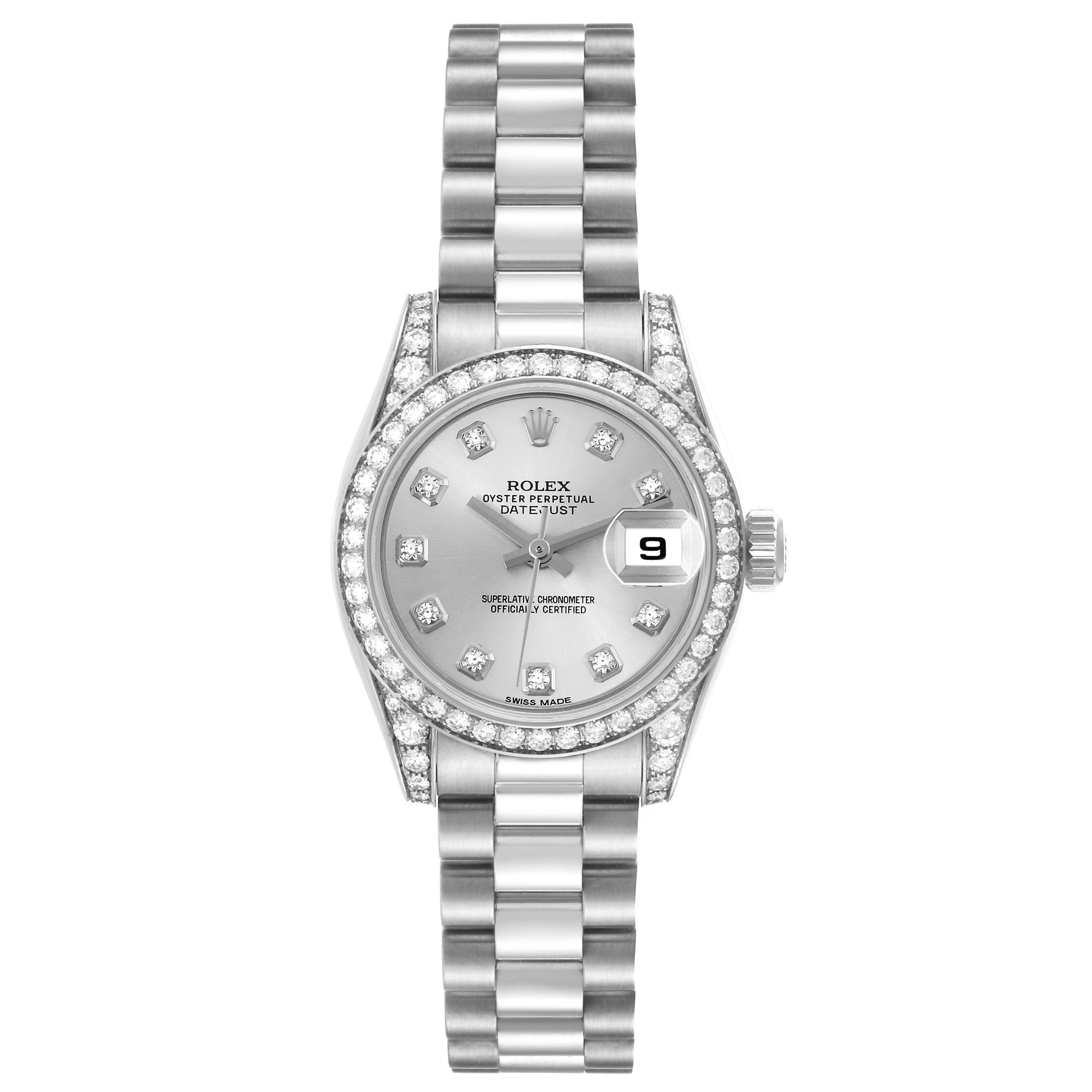 The Rolex President 179159 Women's White Gold Silver Dial 179159 Women's White Gold Silver Dial model watch is shown from a front angle, displaying the bracelet, case, dial, bezel, and crown.