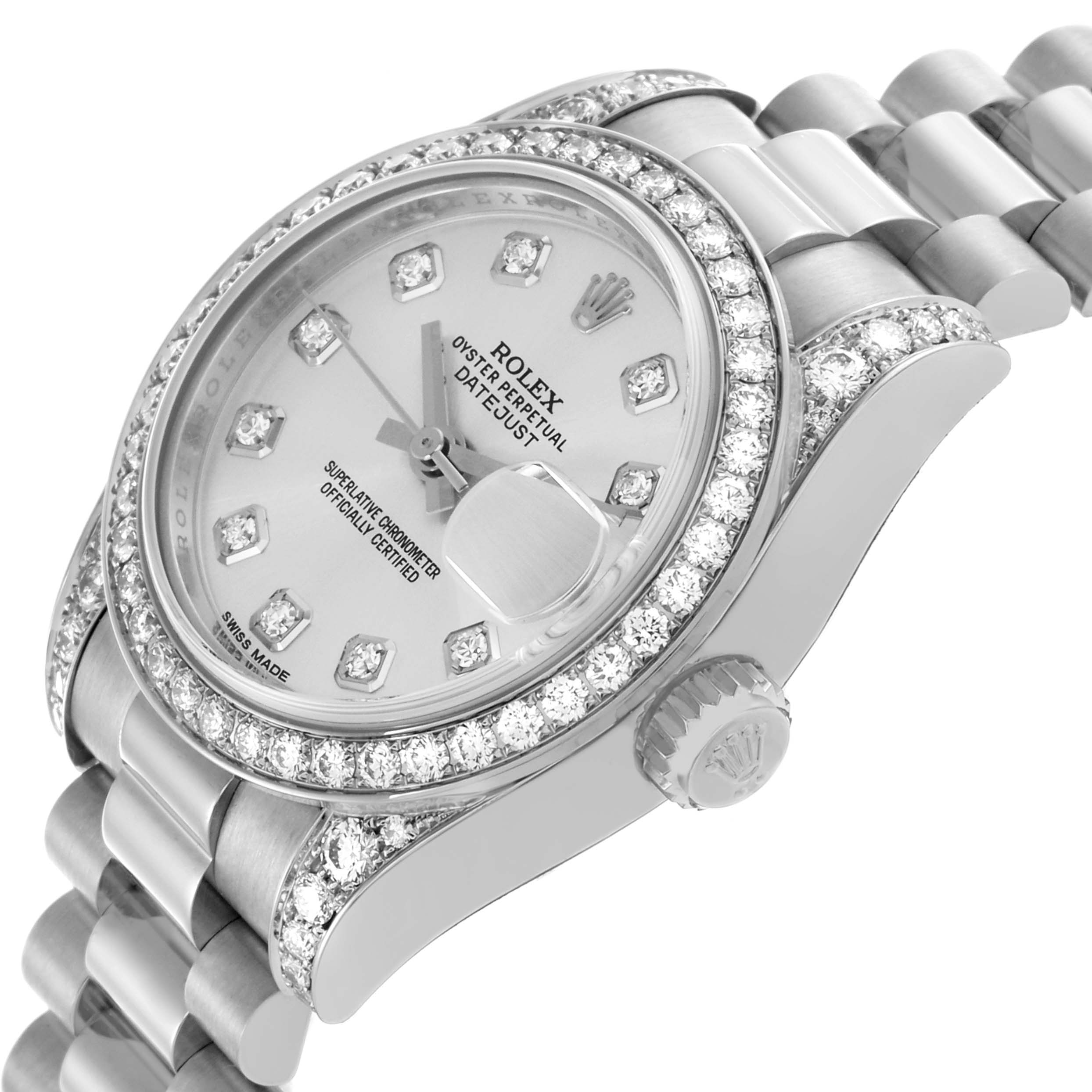 The Rolex President 179159 Women's White Gold Silver Dial 179159 Women's White Gold Silver Dial model is shown at an angle highlighting the diamond bezel, dial, crown, and part of the bracelet.