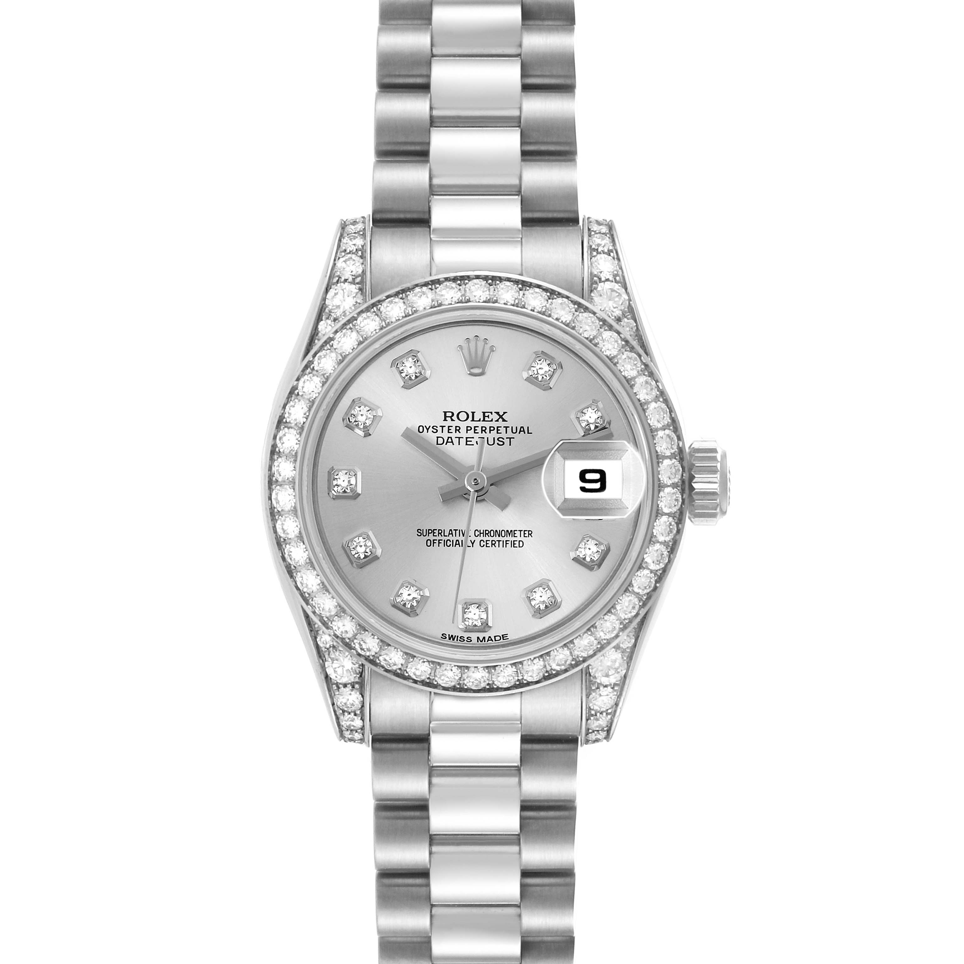 The Rolex President 179159 Women's White Gold Silver Dial 179159 Women's White Gold Silver Dial model is shown from a top-down angle, highlighting its face, bezel, and bracelet.