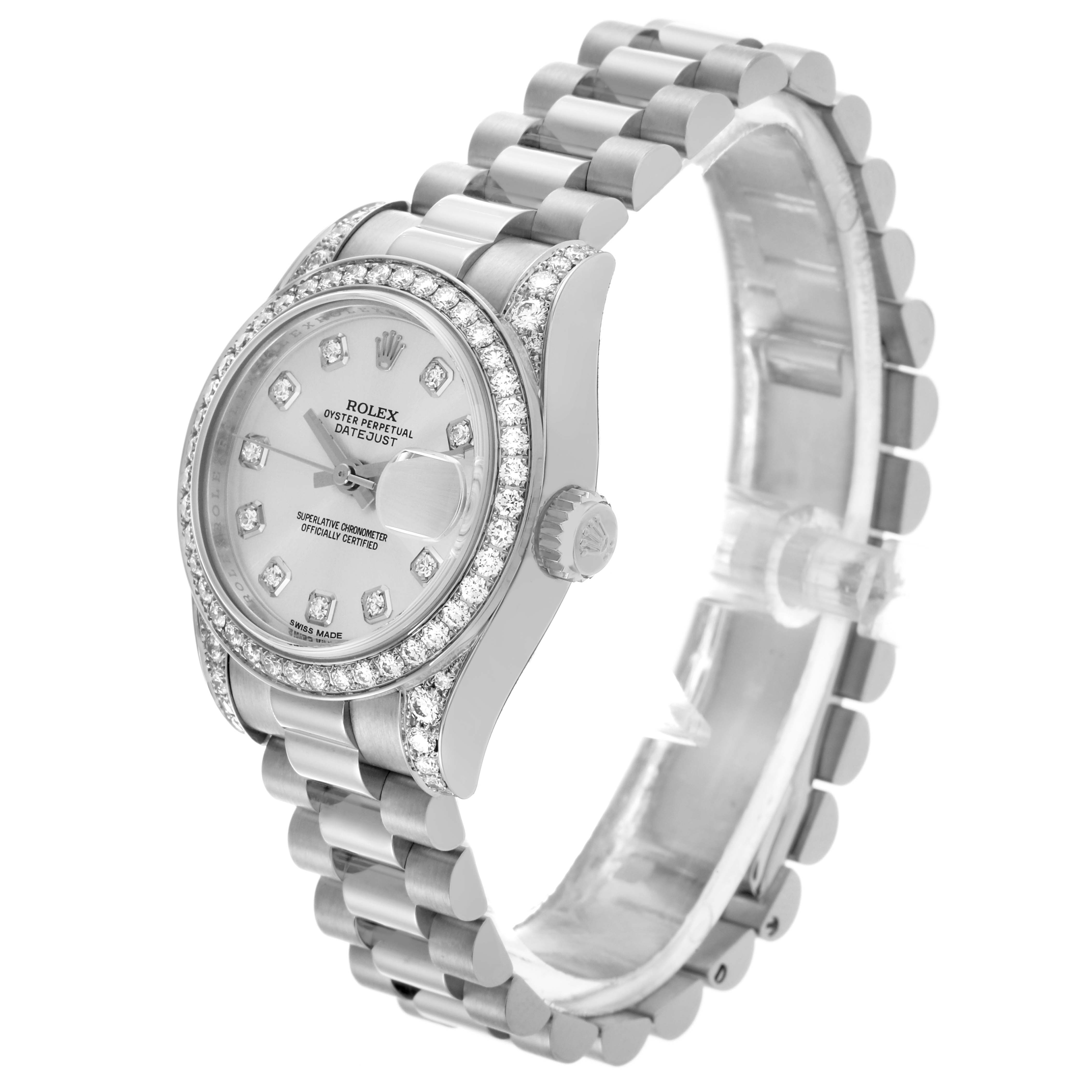 The Rolex President 179159 Women's White Gold Silver Dial 179159 Women's White Gold Silver Dial model is shown at an angled view, highlighting its diamond-set bezel, dial, and bracelet.