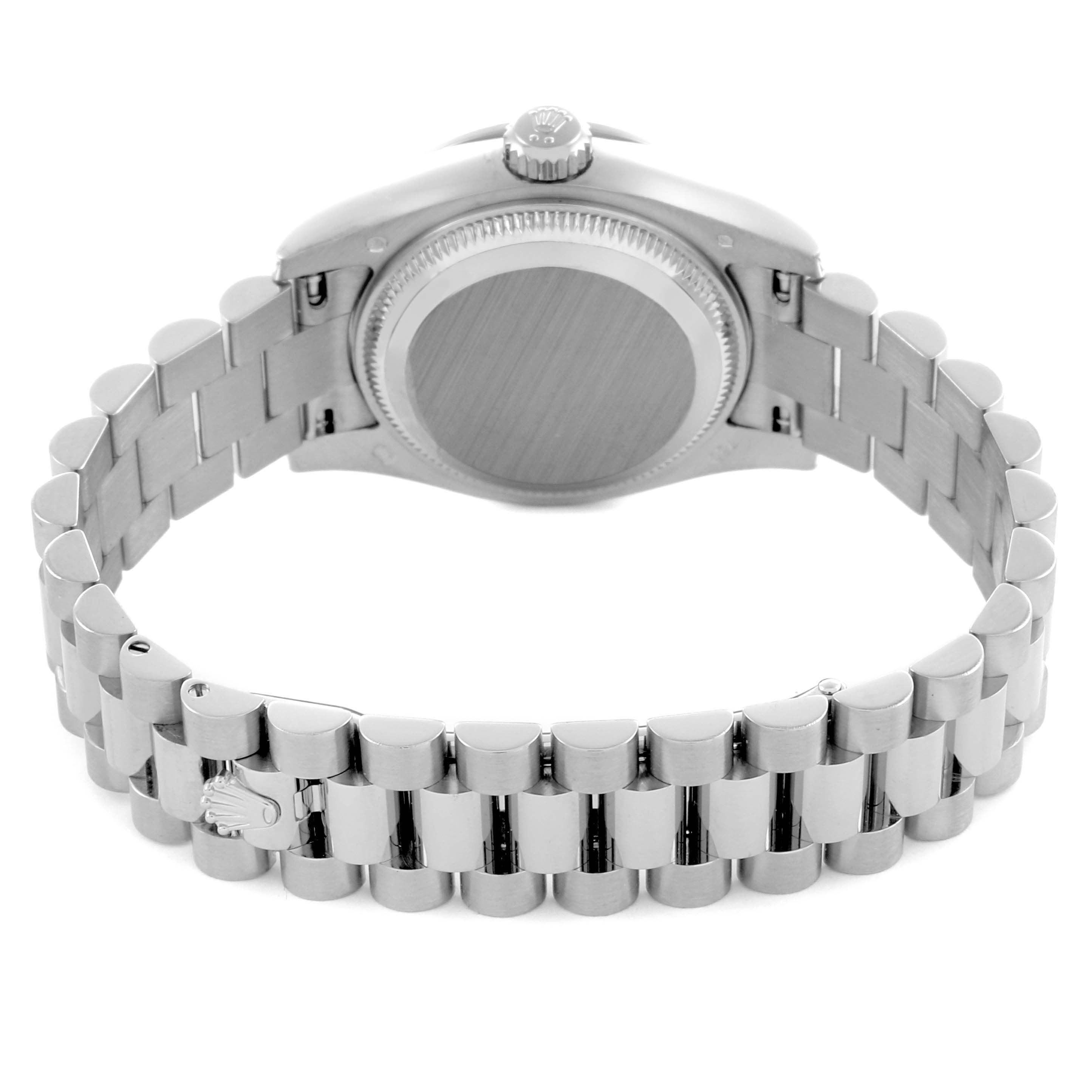 The image shows the back of a Rolex President 179159 Women's White Gold Silver Dial 179159 Women's White Gold Silver Dial model watch, highlighting its bracelet and case back from a rear angle.