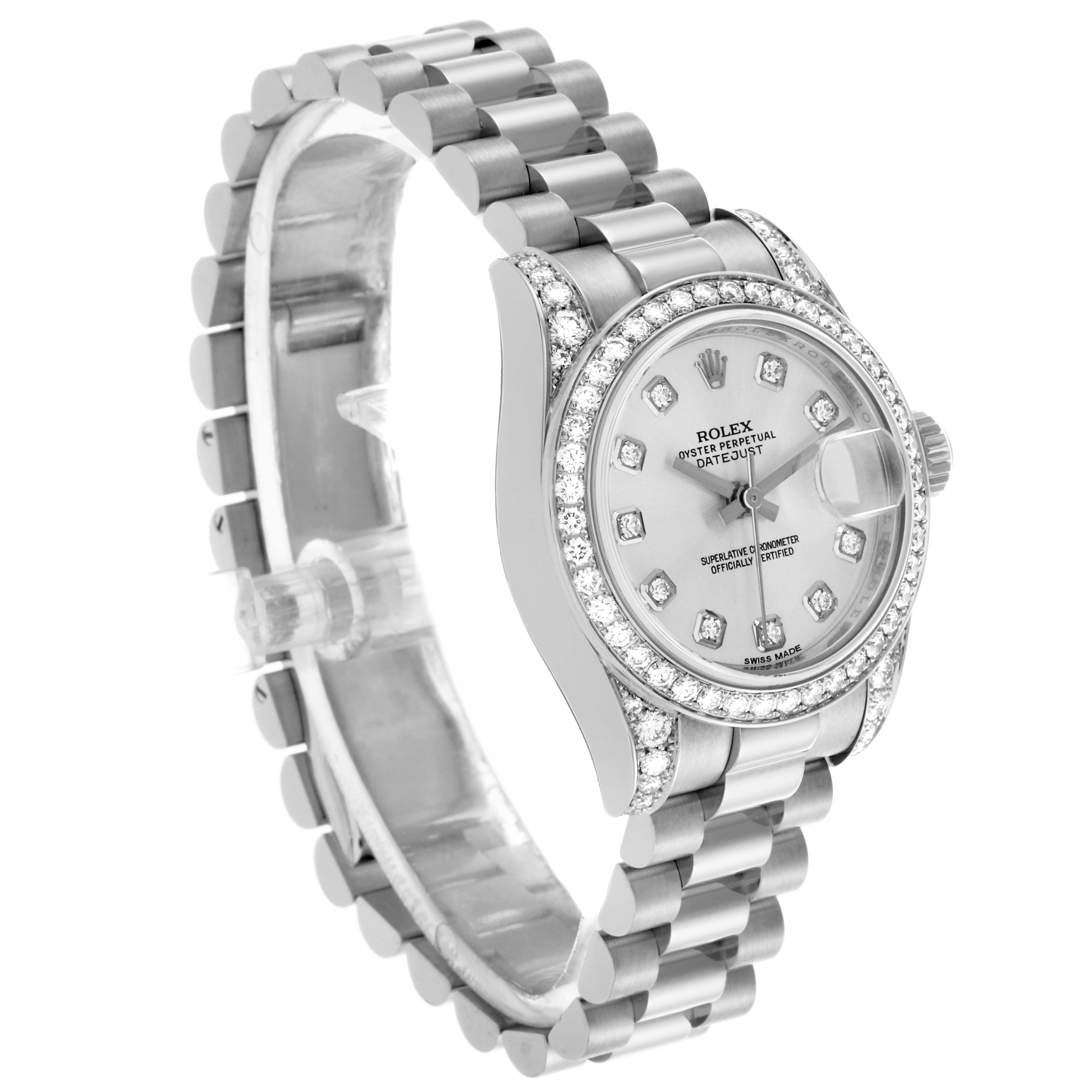 The image shows a side-angle view of the Rolex President 179159 Women's White Gold Silver Dial 179159 Women's White Gold Silver Dial model, highlighting the bracelet, dial, bezel, and crown.