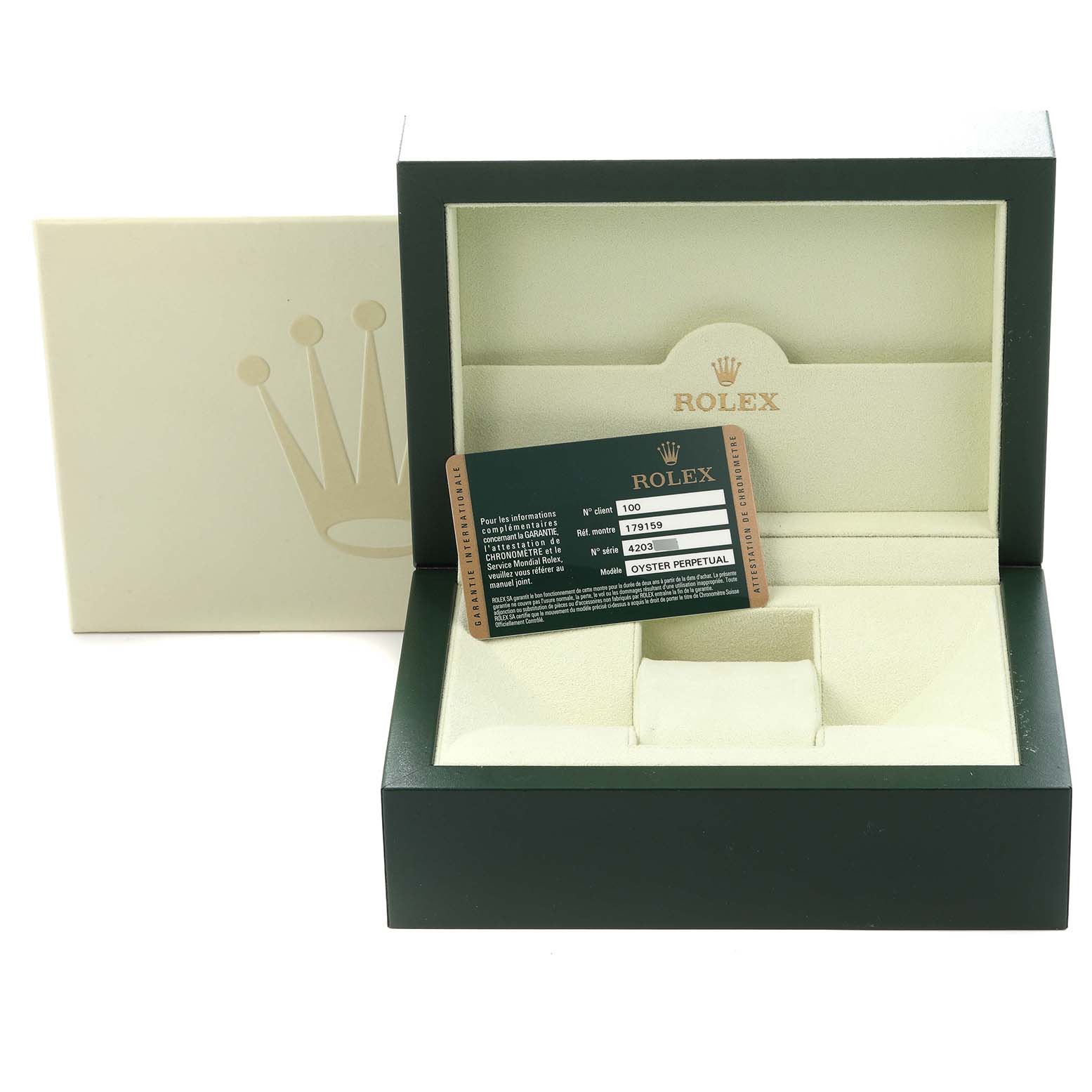 The image shows an open Rolex President 179159 Women's White Gold Silver Dial 179159 Women's White Gold Silver Dial model box with a warranty card inside, viewed from the front.